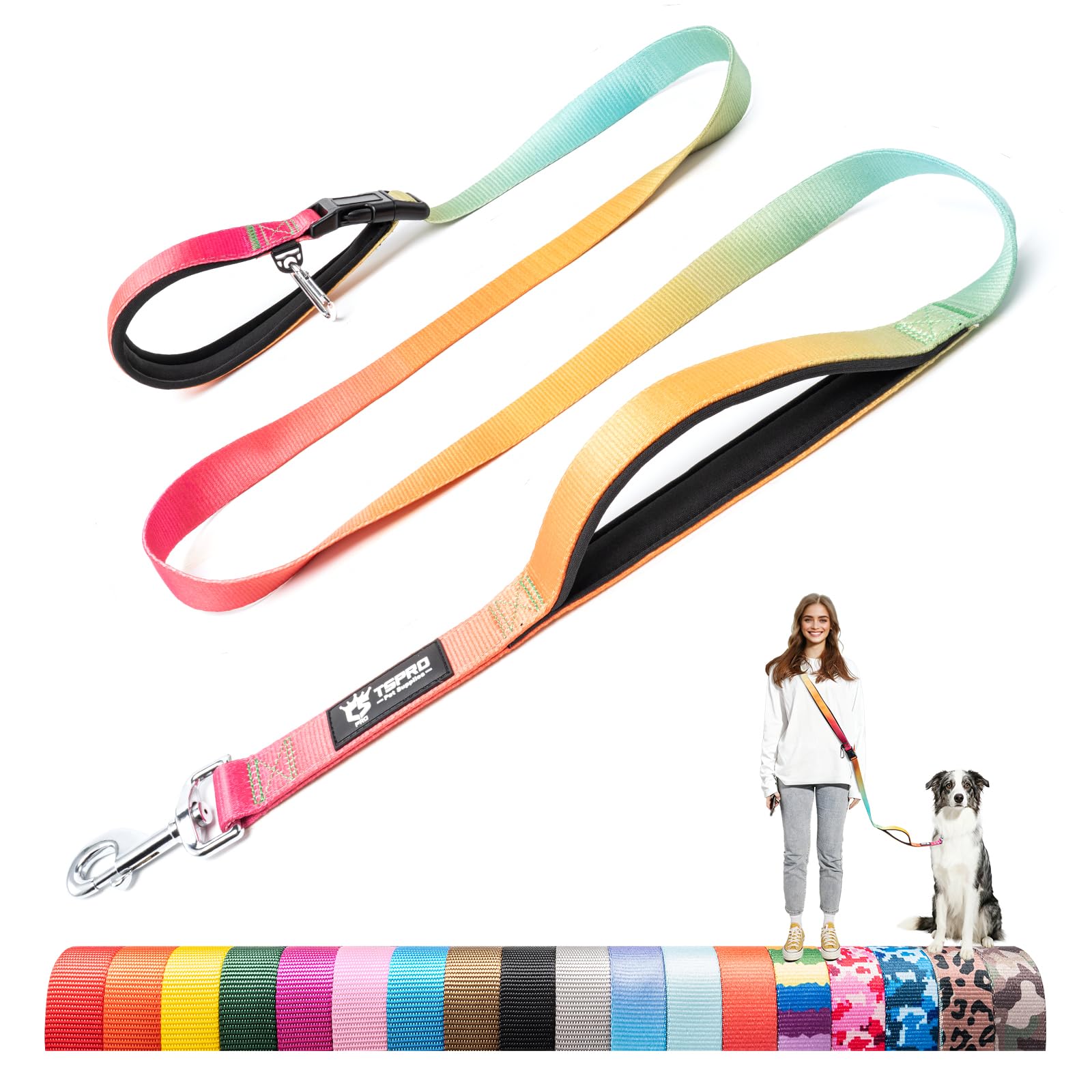 TSPRO Hands Free Dog Lead with Padded Handle & Safety Metal Buckle, Adjustable Durable Lead for Walking & Running, Medium to Large Dogs (Orange-Red-Cyan Gradient) â image 1