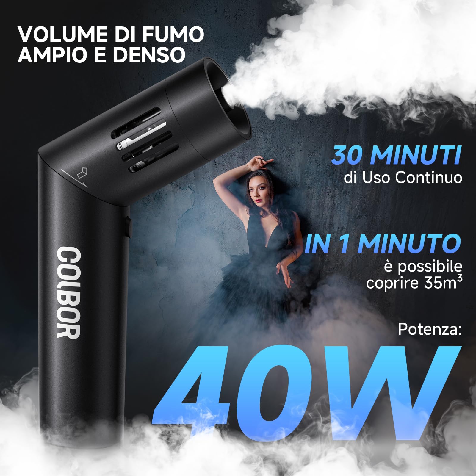 COLBOR Macchina del Fumo Ricaricabile da 40W con Telecomando, CF5 Mini Macchina per Nebbia Portatile con Ventilatore RGB per Fotografia, Feste al chiuso e all'aperto, Halloween, Cosplay