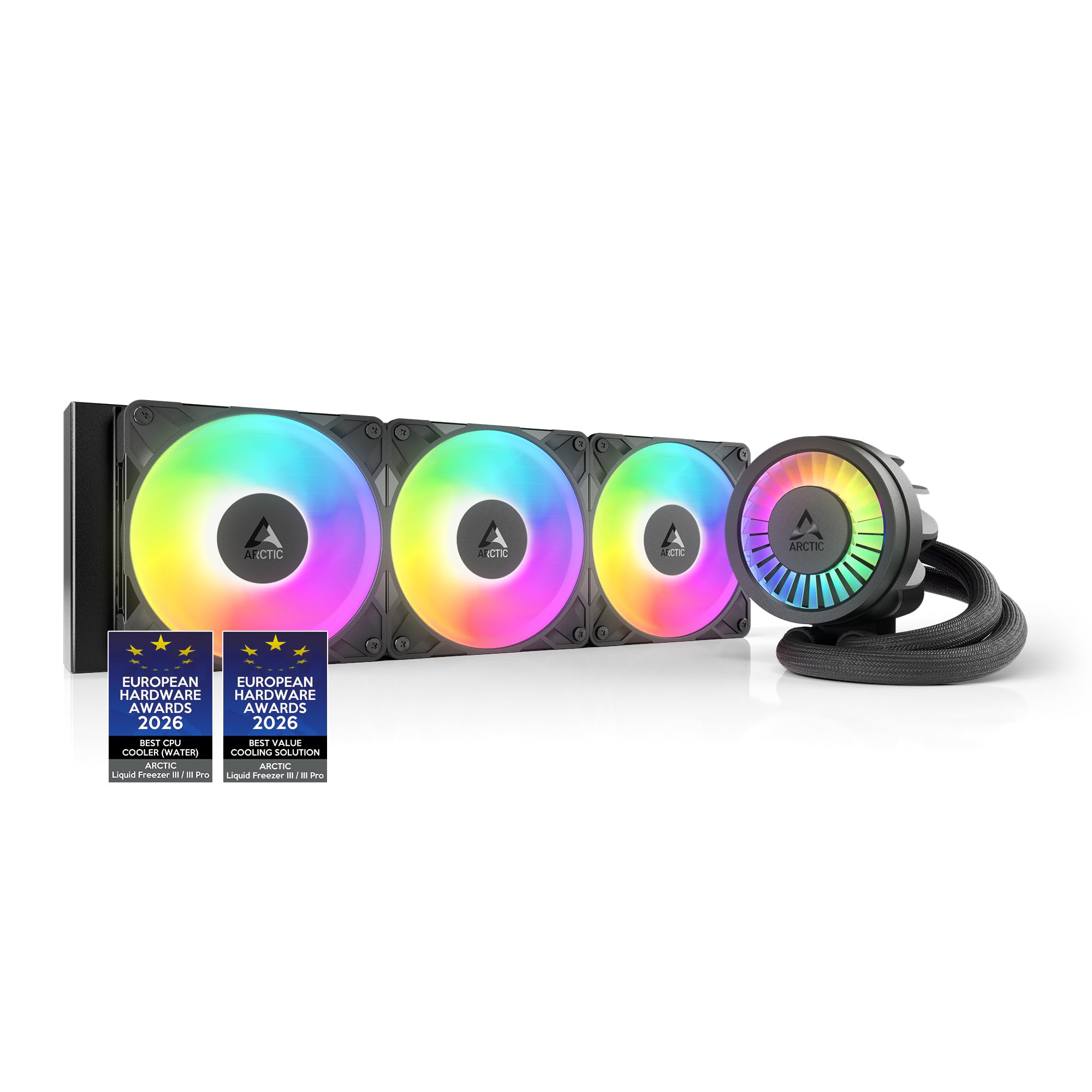 ARCTIC Liquid Freezer III Pro 360 A-RGB - Refrigeracion Liquida PC, AIO para CPU, 3x120 mm, Radiador 38 mm, Bomba PWM, Ventilador VRM, AMD AM5/AM4, Intel LGA1851/1700 Marco de Contacto - Negro