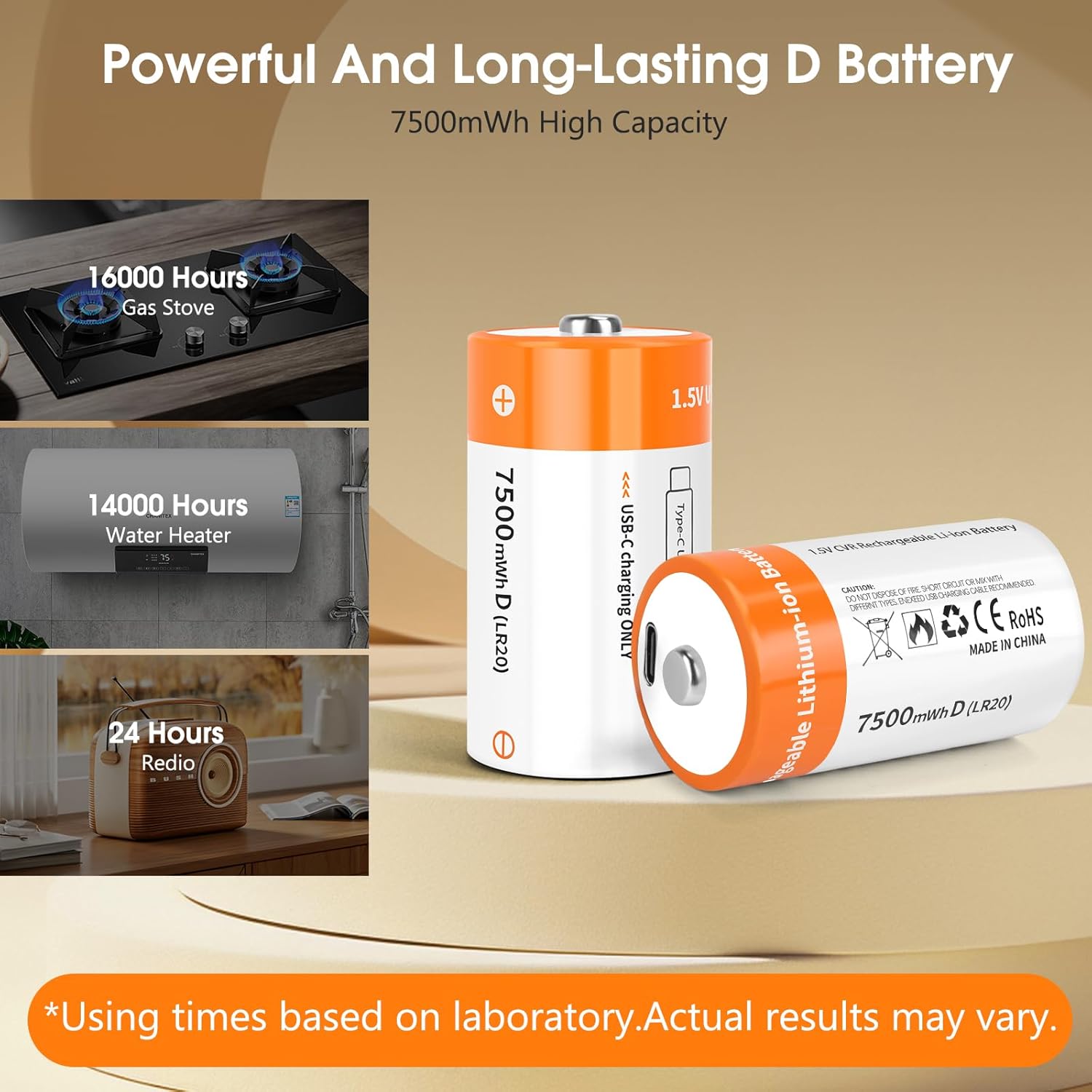 Rechargeable D Batteries 8 Pack, 1.5V 7500mWh Lithium D Battery with USB-C Charging Cable, Long-Last for Flashlight, Toys, Floodlights & More