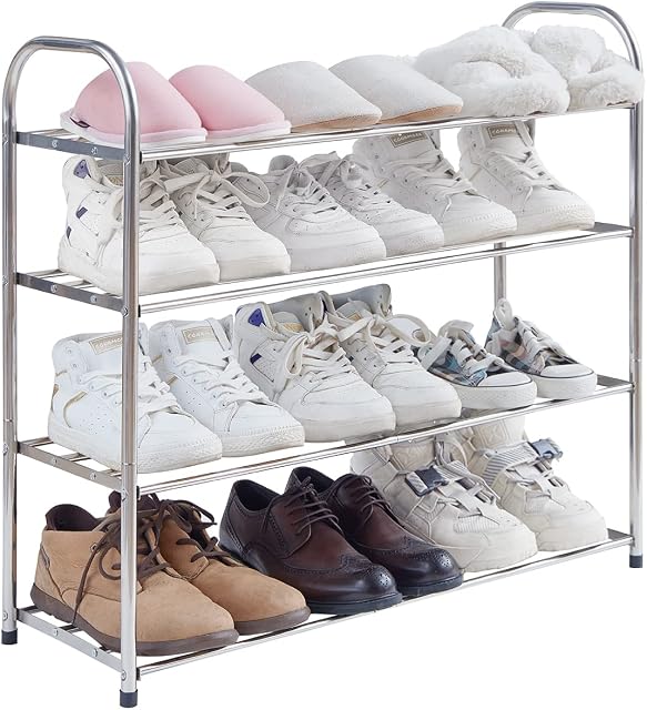 4 Tiers Stainless Steel Shoe Rack Shoe Organiser Small Shoe Storage Shelf Footwear Boot Trainer Storage Rack Holds up to 12 Pairs of Shoes for Living Room, Cloakroom, Tidy Wardrobe 68 x 26 x 65cm