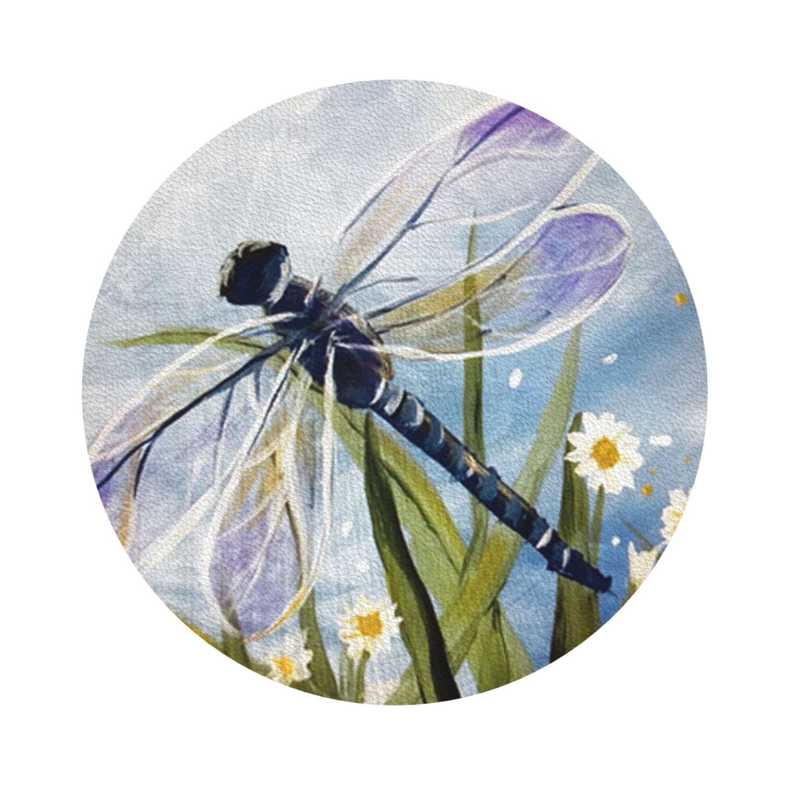 Dragonfly painting PU Leather Coasters Set of 6 Round Drink Coasters