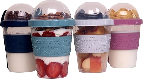 Salda Paquete de 4 tazas de desayuno sobre la marcha, taza de yogur para llevar y llevar con cobertura de cereales con cuchara, frasco de avena o