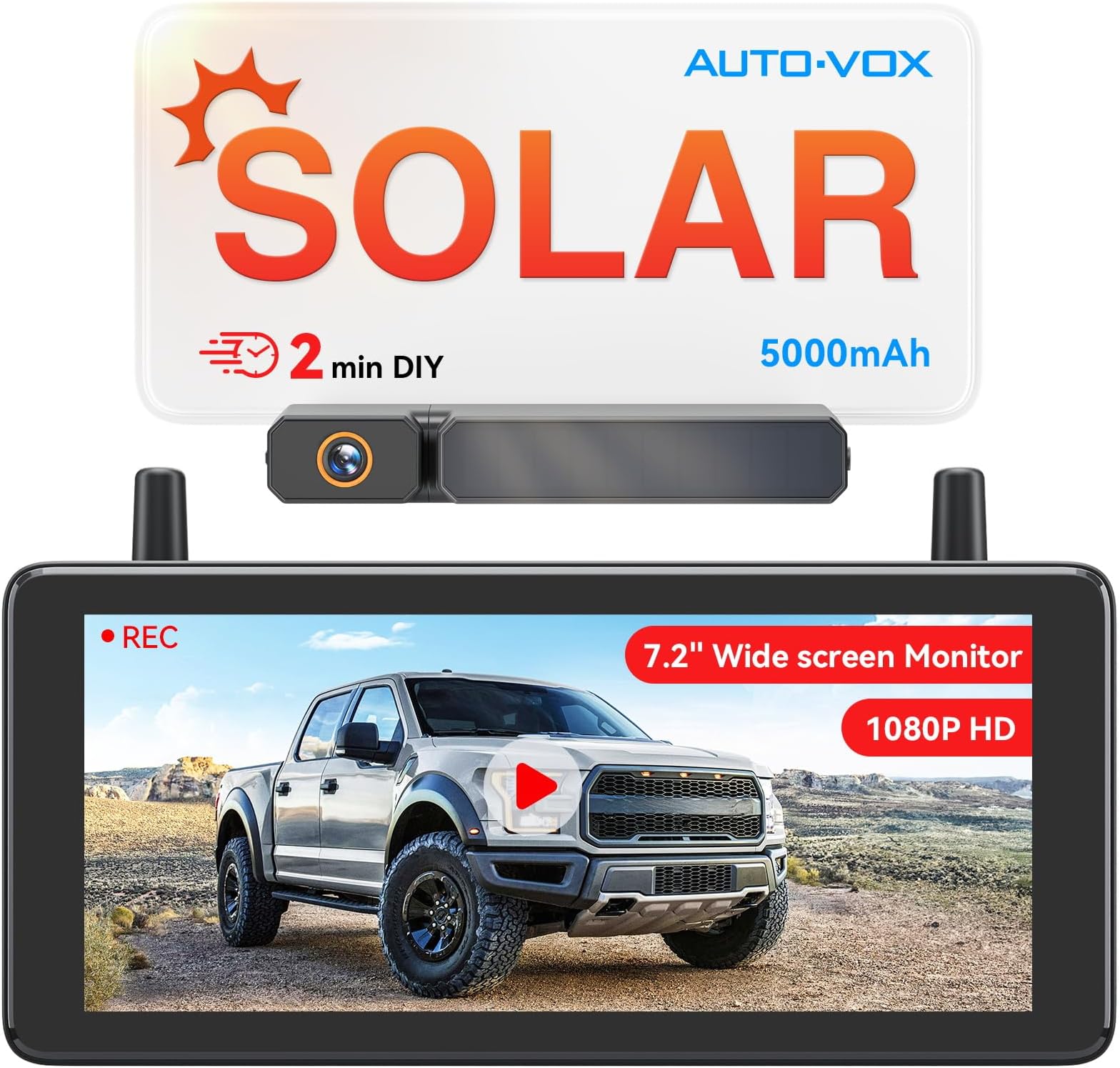 AUTO-VOX 7.2" DVR Portable Solar Wireless Backup Camera:HD 1080P 2 Min Quick Installation Support 2 Split Screen Back up Camera, IP69K Waterproof Reverse Camera for Car, Van, SUV, Truck, Trailer