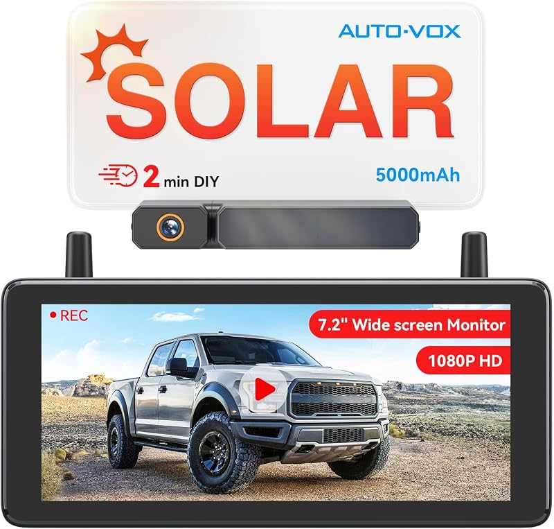 AUTO-VOX Cámara de respaldo inalámbrica solar portátil DVR de 7,2 pulgadas, claridad HD 1080P | Instalación rápida de 2 minutos, 2 cámaras de respaldo de pantalla dividida, cámara de marcha atrás impermeable IP69K para auto, furgoneta, SUV, camión, remolque