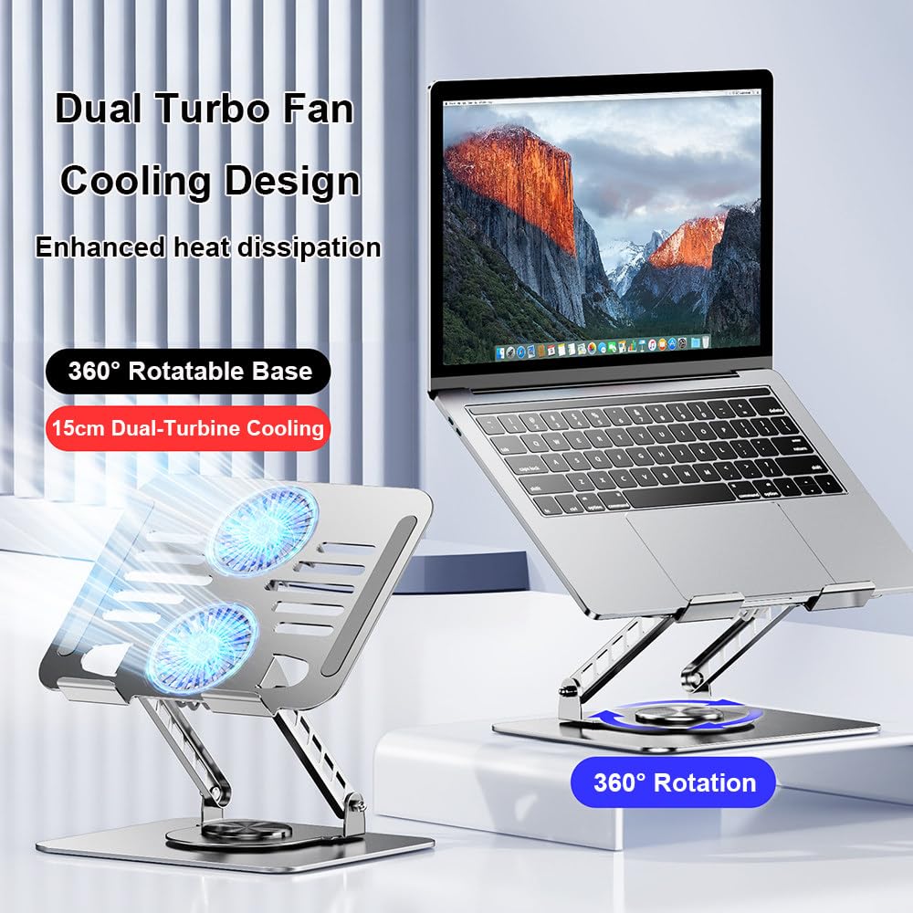Podstawka Pod Laptopa Z Wentylatorem Chłodzącym,Podstawka Chłodząca Pod Laptopa,Obrotowa Podstawa 360°,Metalowy Wspornik Z Podwójnym Słupkiem,Nośność 10Kg,Do 17,3 Cala,Do Biura I Domu A