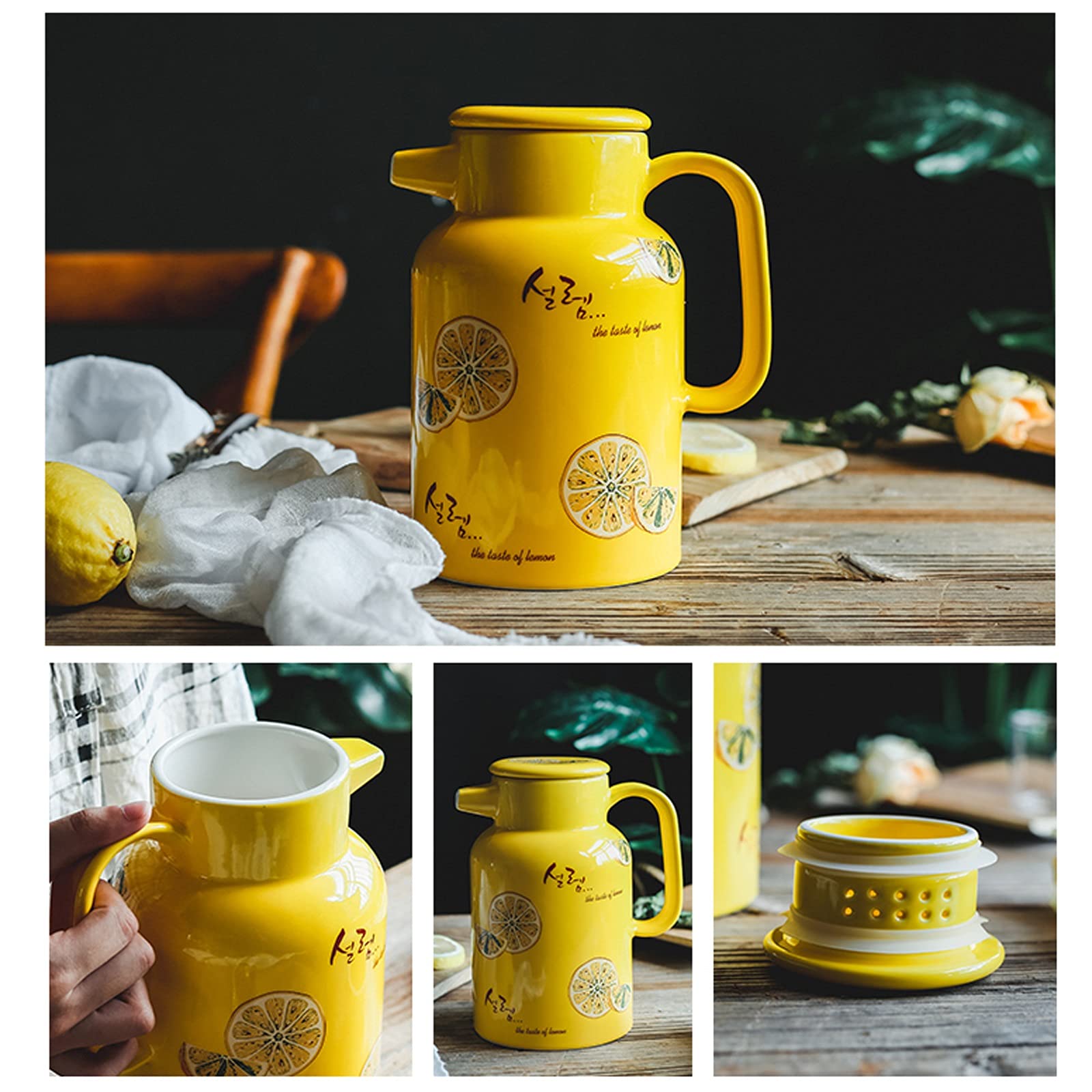 Cruche Pichet en céramique de bouilloire froide jaune 50,7 oz avec poignée de grande capacité Théière for le jus, le thé, la limonade, les boissons chaudes et froides Cruche a Eau