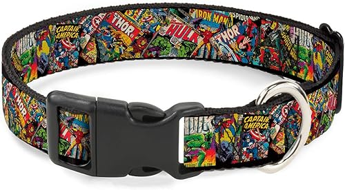 Collar de perro Clip de plástico Retro Marvel Comic Books apilado de cerca de 11 a 17 pulgadas 1.0 pulgadas de ancho