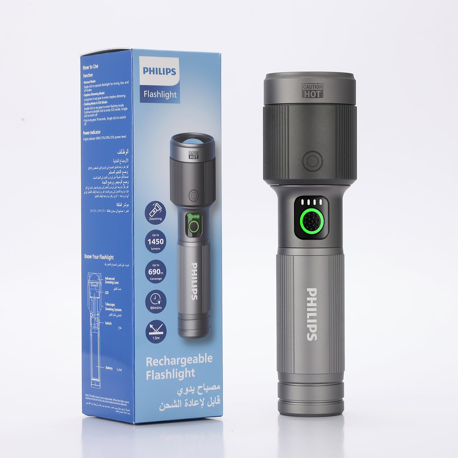 Philips Torch Rechargeable, 30W Torch Light High Power, 1450 Lumens Super Bright Flashlight, 690M Coverage, 2200mAh Battery, Telescopic Zoom, Aircraft Aluminum Body, LED Flash Emergency Light-image-30