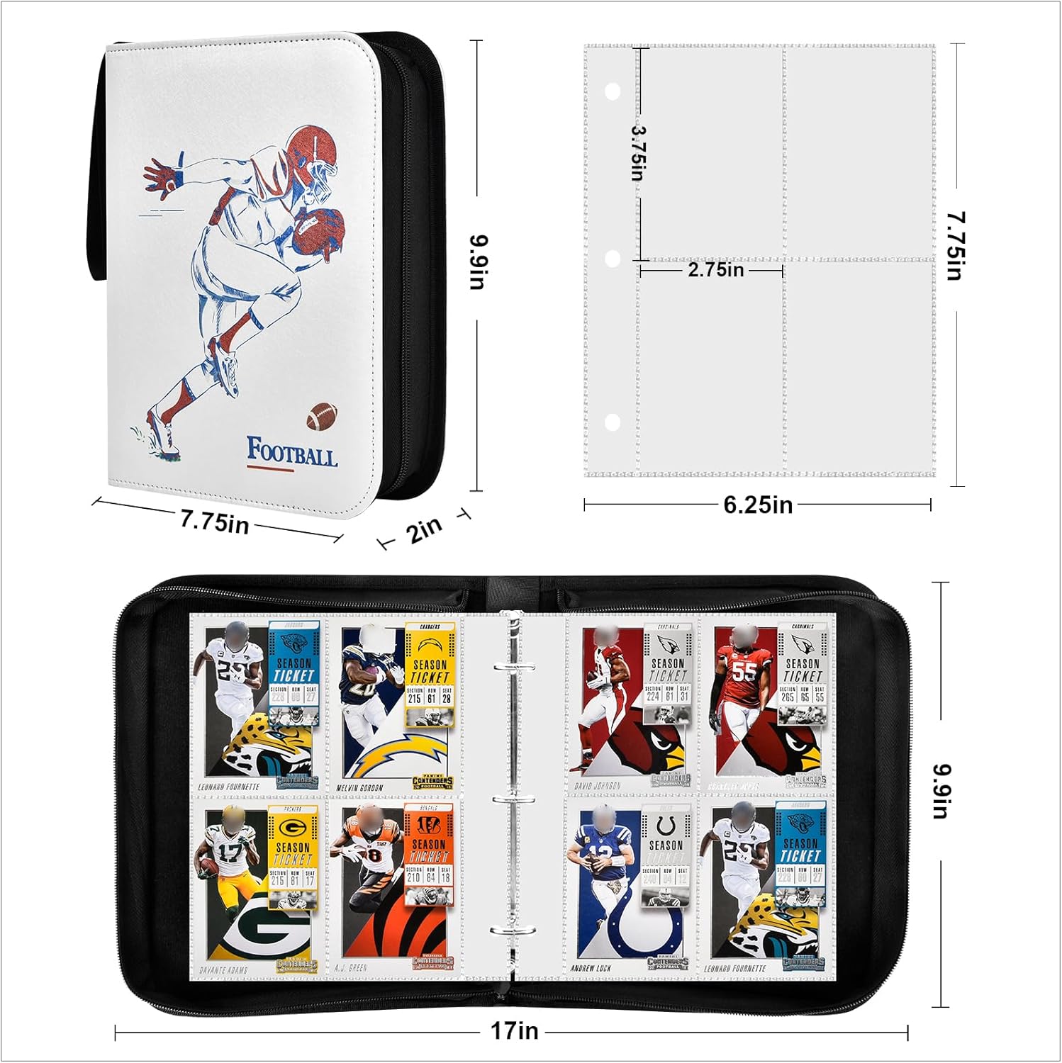 Boobowl Football Baseball Cards Binder, 2022 Sports Trading Card Sleeves Holder Album for NFL, 440 Pockets Display Storage Protectors Collectors Fits PM TCG (Folder Only) 440 Red Hat+White