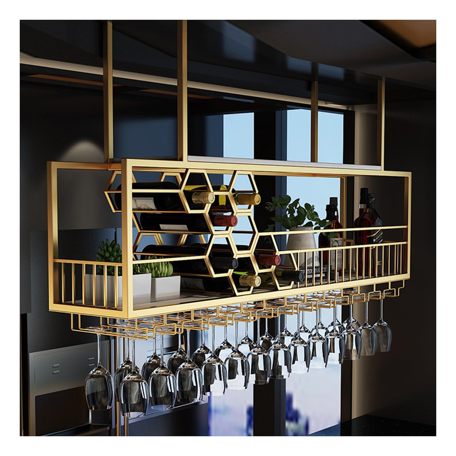 Casier à vin en métal réglable pour optimiser l'espace bar au plafond avec verres