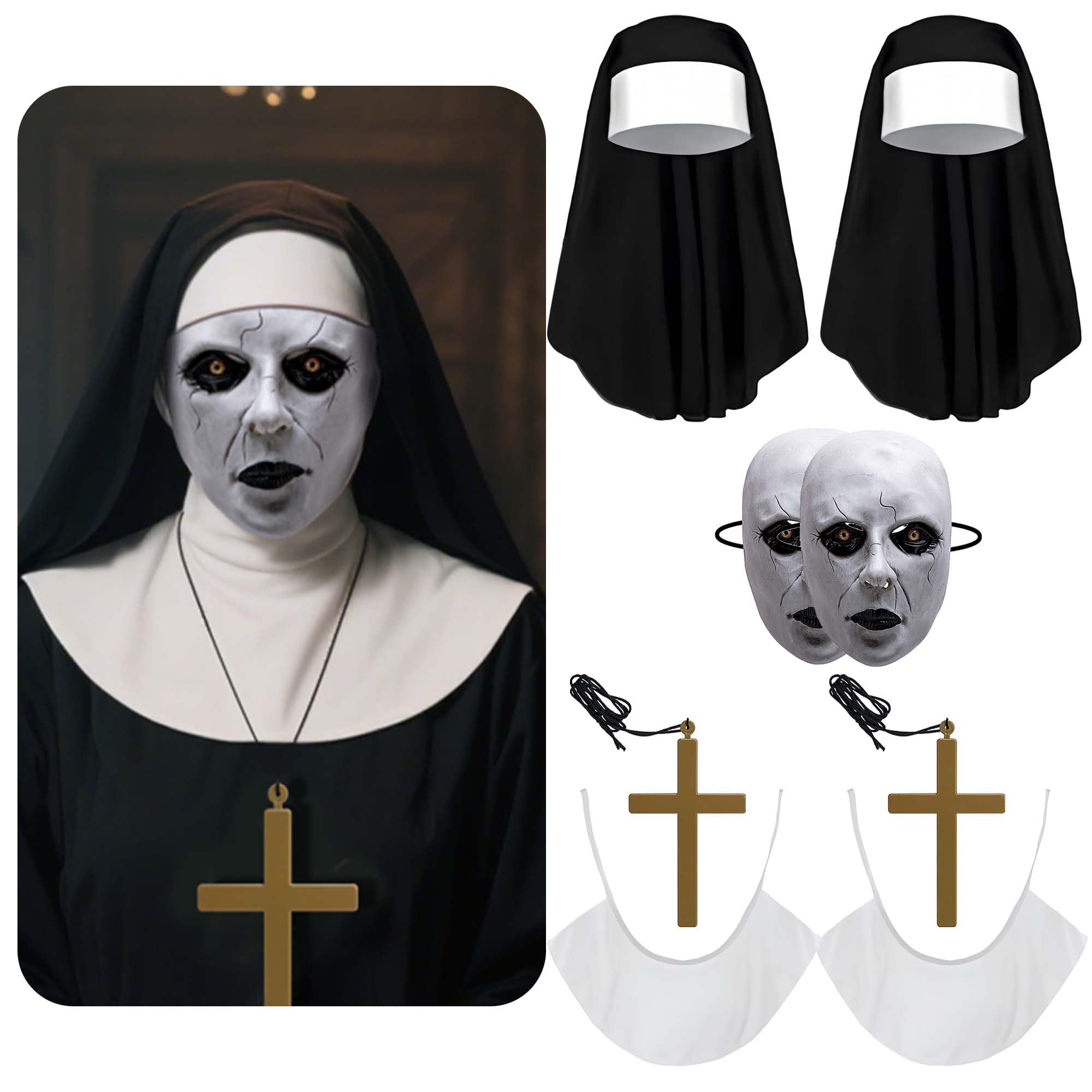Purple Star 2Set Halloween Nun Mask Full Head, 8Pcs Scary Nun Mask With Headscarf