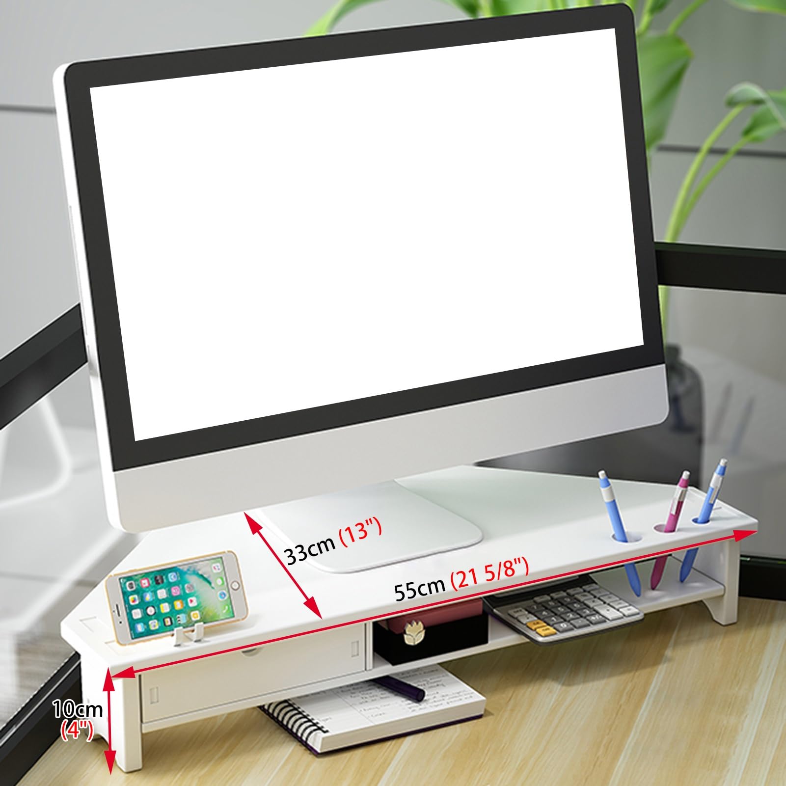 Supporto Triangolare per Monitor, mensola angolare da scrivania in Legno con cassetti, Supporto per Laptop, Organizer per Ufficio, Supporto per Stampante e Computer.