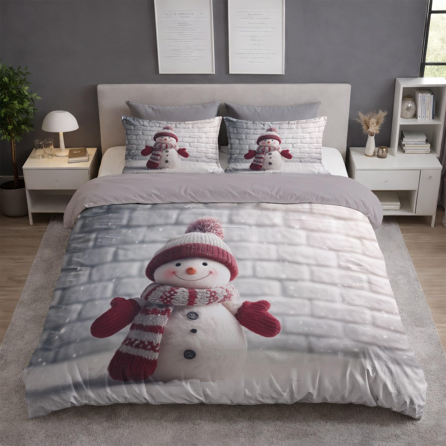 Biały Czerwony Minimalistyczny Uroczy Bałwan Poszwa na kołdrę 200 x 200 cm, Anime Miękka mikrofibra Dwustronny zestaw pościeli z zamkiem błyskawicznym 3-częściowy z 2 poszewkami na poduszki