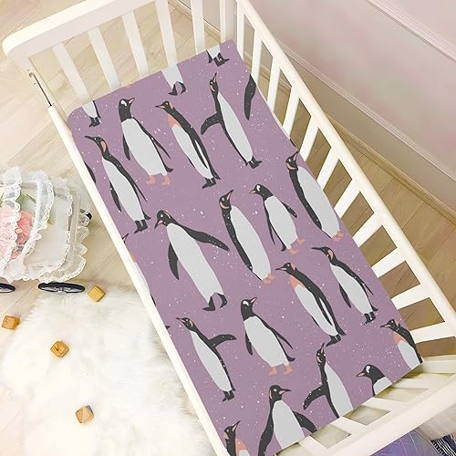 Miniatura 5 de Sábanas bajeras para cuna, suave, transpirable y cómodo, juego de sábanas de bebé para niños y niñas, sábanas para cuna de pingüino morado, para