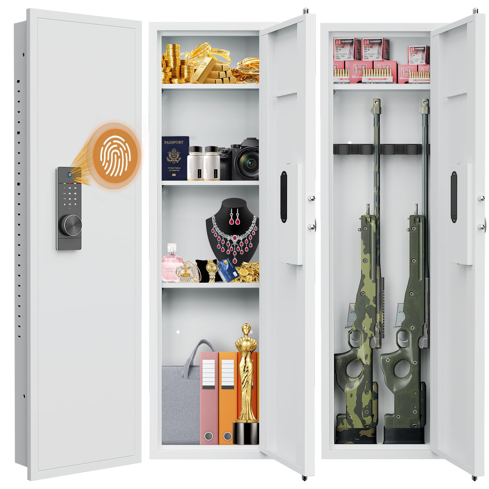 53.15" Wall Safe Between the Studs, Biometric Fingerprint Hidden Safe with Dual Alarm System and Silent Mode, Wall Gun Safe with 3 Adjustable Shelves and Magnetic Slot (White-Fingerprint)