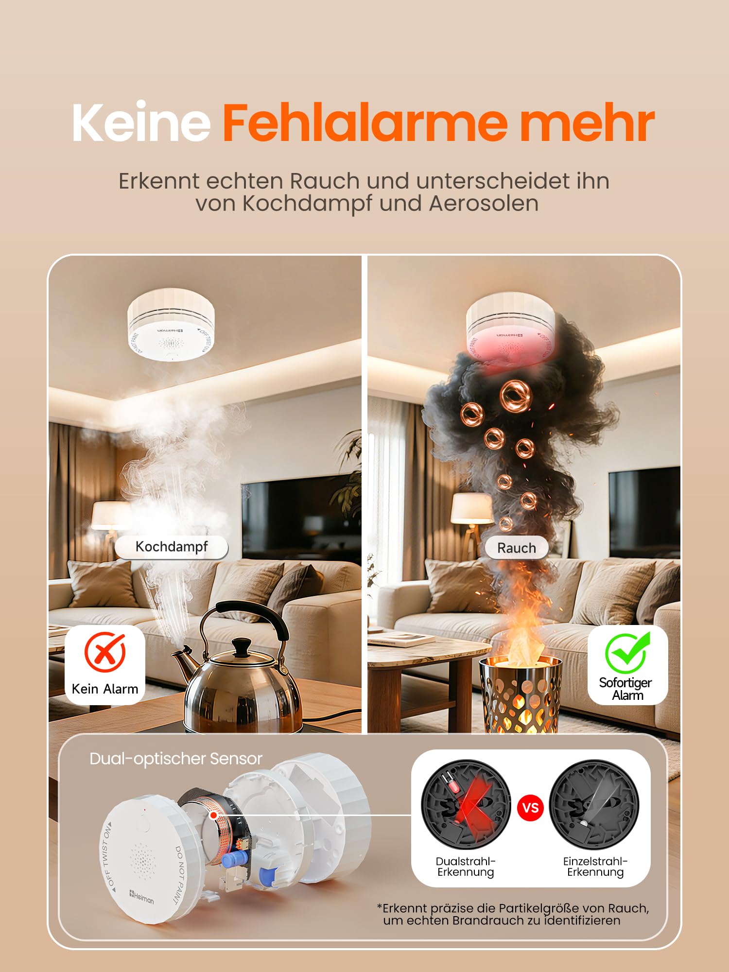 Heiman Rauchmelder Matter mit Temperatur und Feuchtigkeitssensor, S1-TM | austauschbare 5-Jahres-Batterie, Magnethalterung, kompatibel mit Apple HomeKit, SmartThings, Home Assistant und Homey