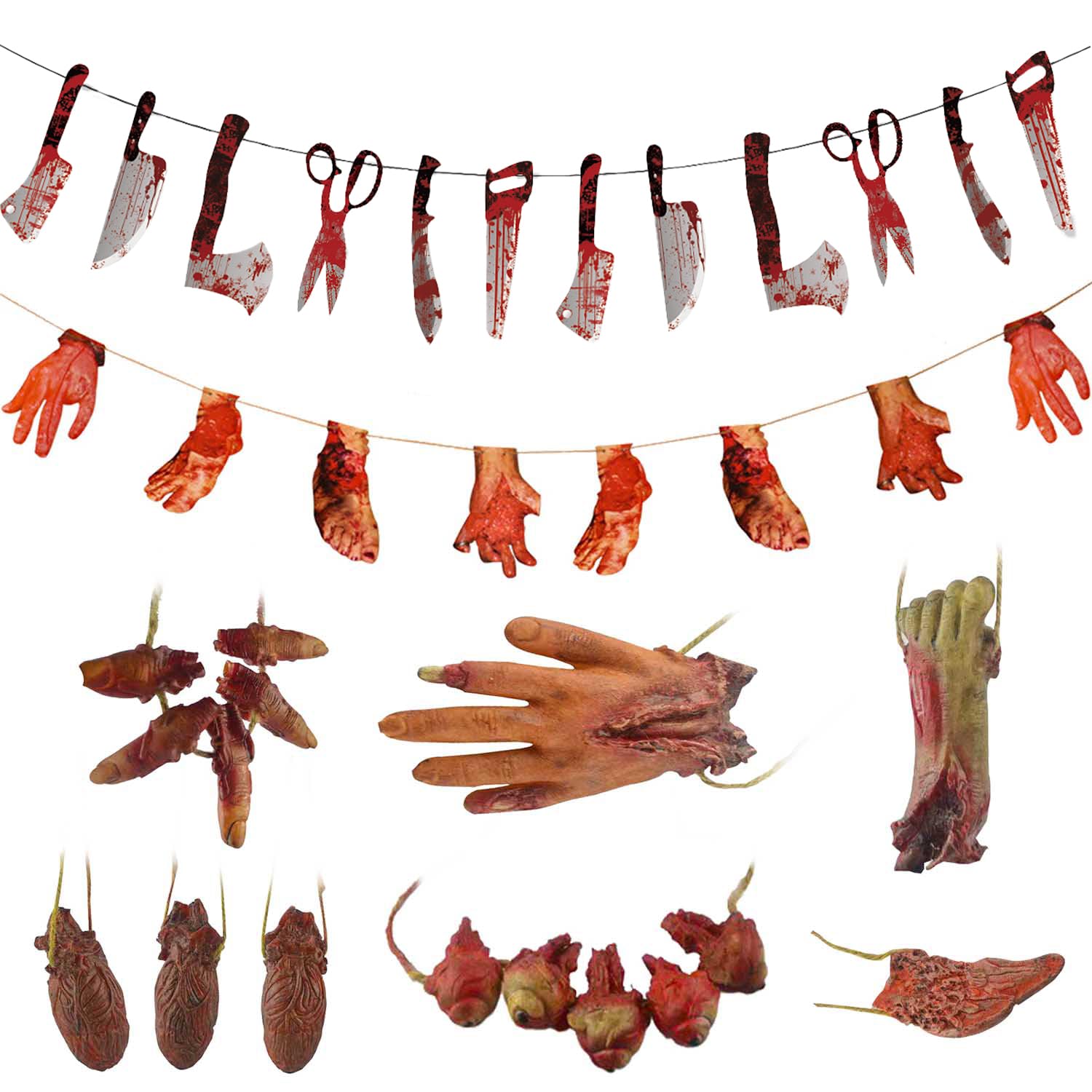 Halloween Blood Props Weapon Garland Banner, Hanging Scary Fake Severed Body Parts for Haunted House Halloween Party Decorations Supplies
