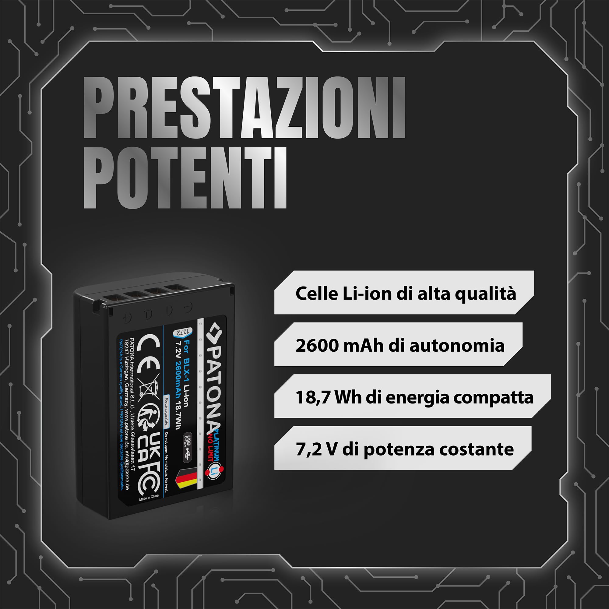 PATONA 1372 Platinum Batteria BLX-1 con ingresso USB-C, 2600mAh 7.2V | Batteria di ricambio da 18.7Wh compatibile con Olympus OM-1 OM-3, sostituisce i modelli BLX1 BL-X1 BL X1