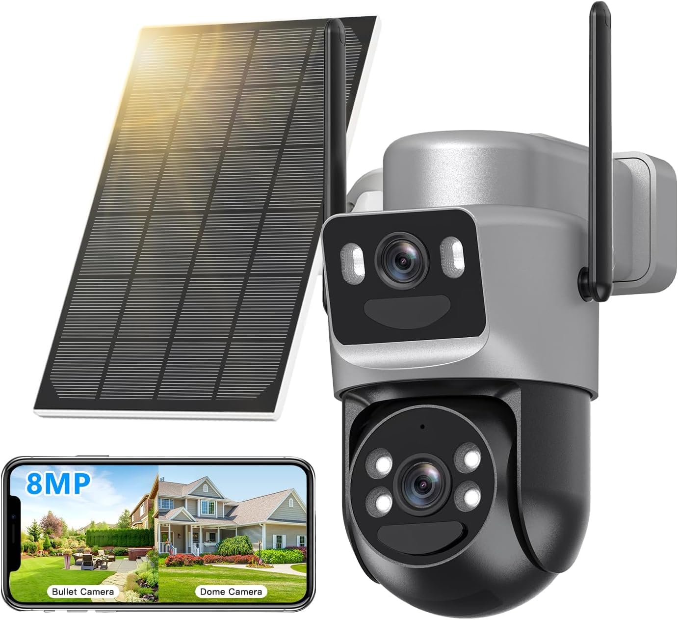 8MP - Cámara de vigilancia WiFi exterior de doble objetivo, 4K detección humana con panel solar, 360° PTZ, cámara IP,2.4G/5GHz,seguimiento automático, visión nocturna color,audio bidireccional