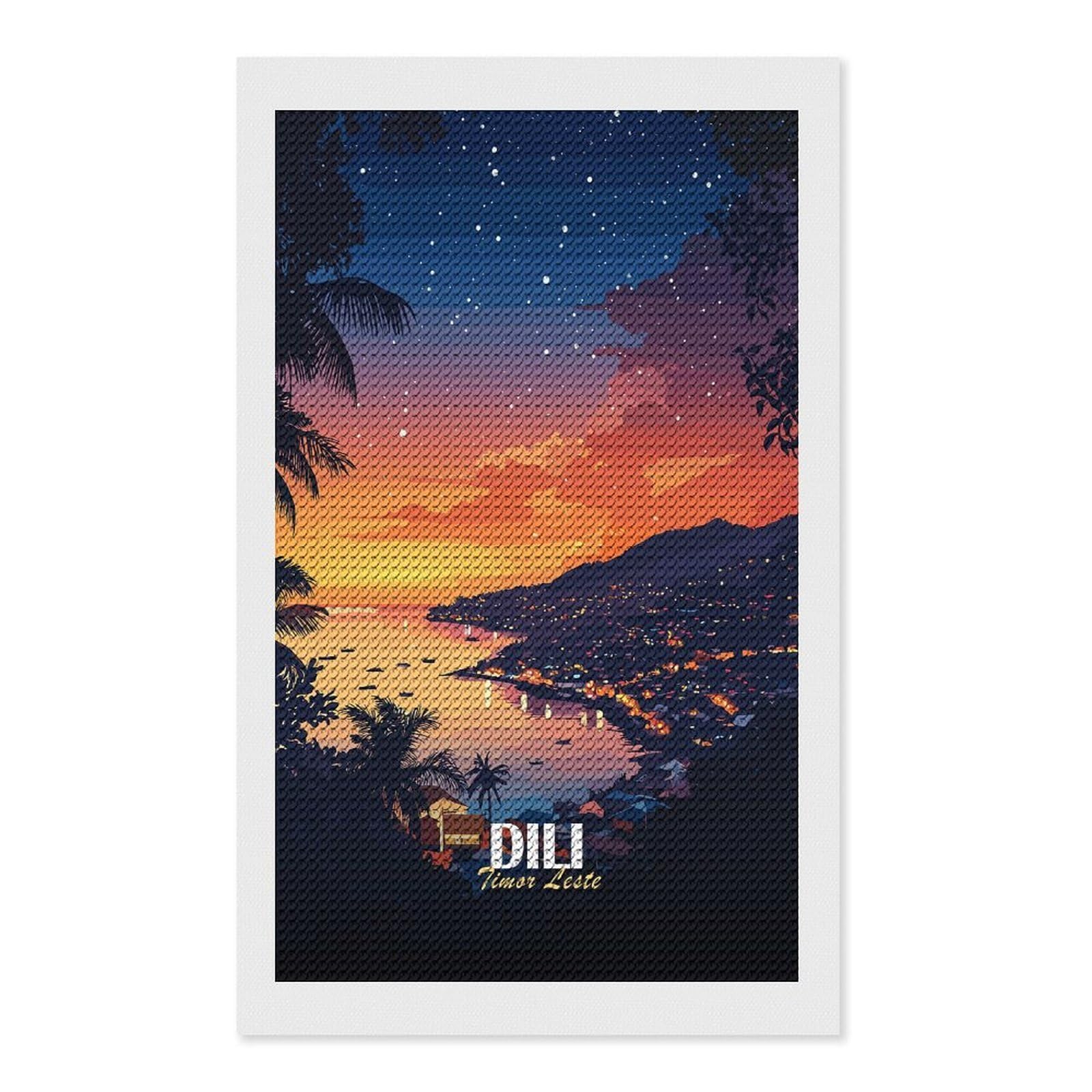 Junmoney Dili, Timor Leste at Sunset Diamond Art Canvas 12"x20", for Adults, Printed Canvas, Home Wall Decor, Gift Idea, Mindful Craft Activity