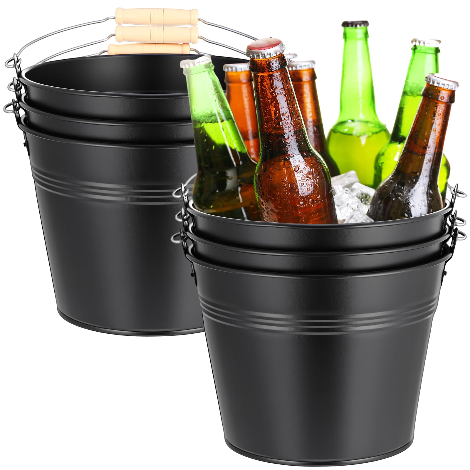 zopeal 6 pcs large metal bucket beer bucket galvanized steel pail with handle for gifts basket ice candy party(9 x 7 x 7 inch,black)