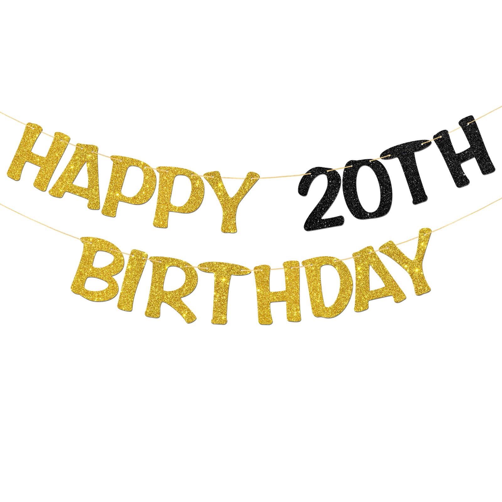Happy 20th Birthday Banner - Adult 20th Birthday Party Garland Supplies - Cheers to 20 Years Party Decorations - Gold Black Glitter