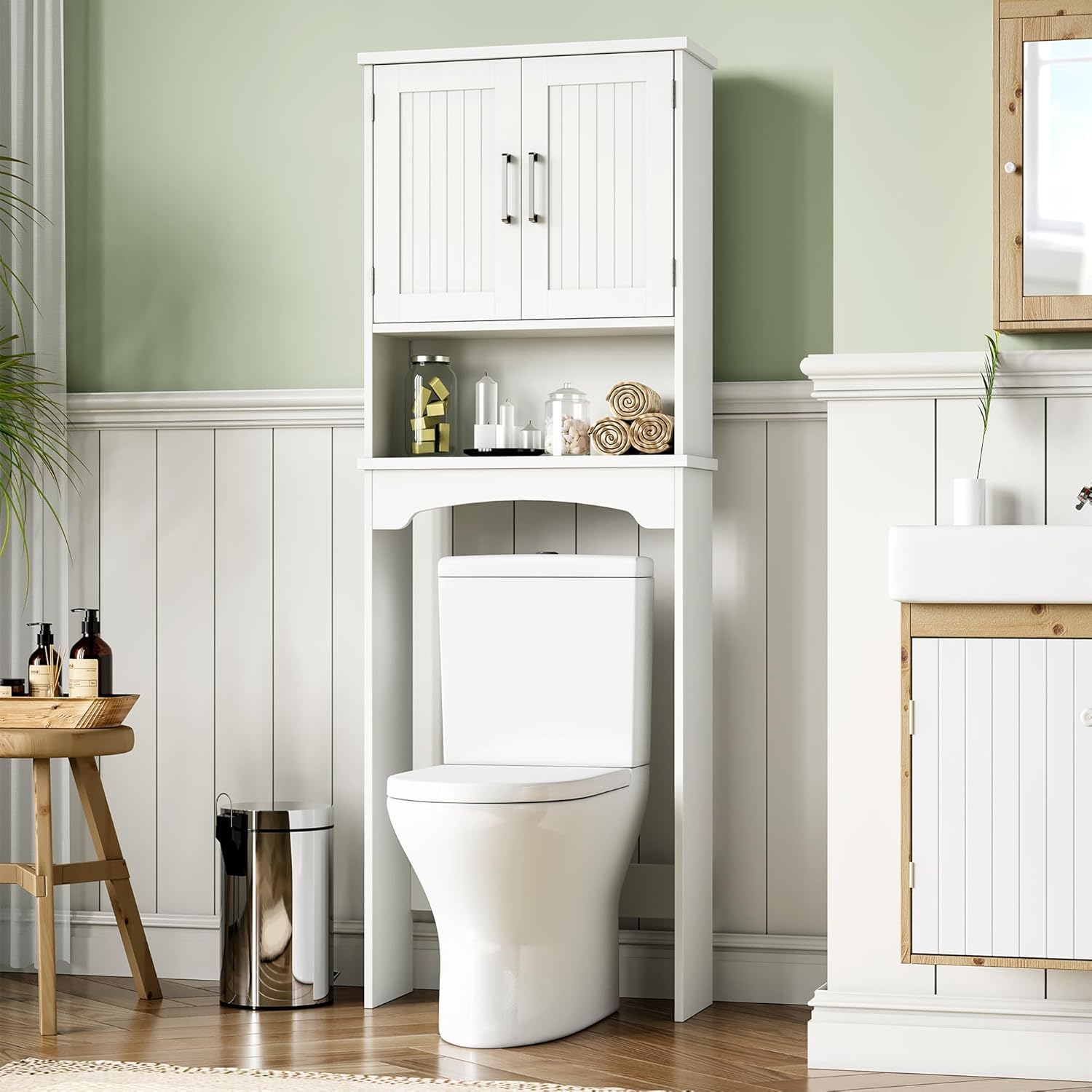 GarveeHome Over The Toilet Storage Cabinet, Double Door Bathroom Storage Organizer with Anti-Tip Device, Small Freestanding Space Saver with Open Shelf, White