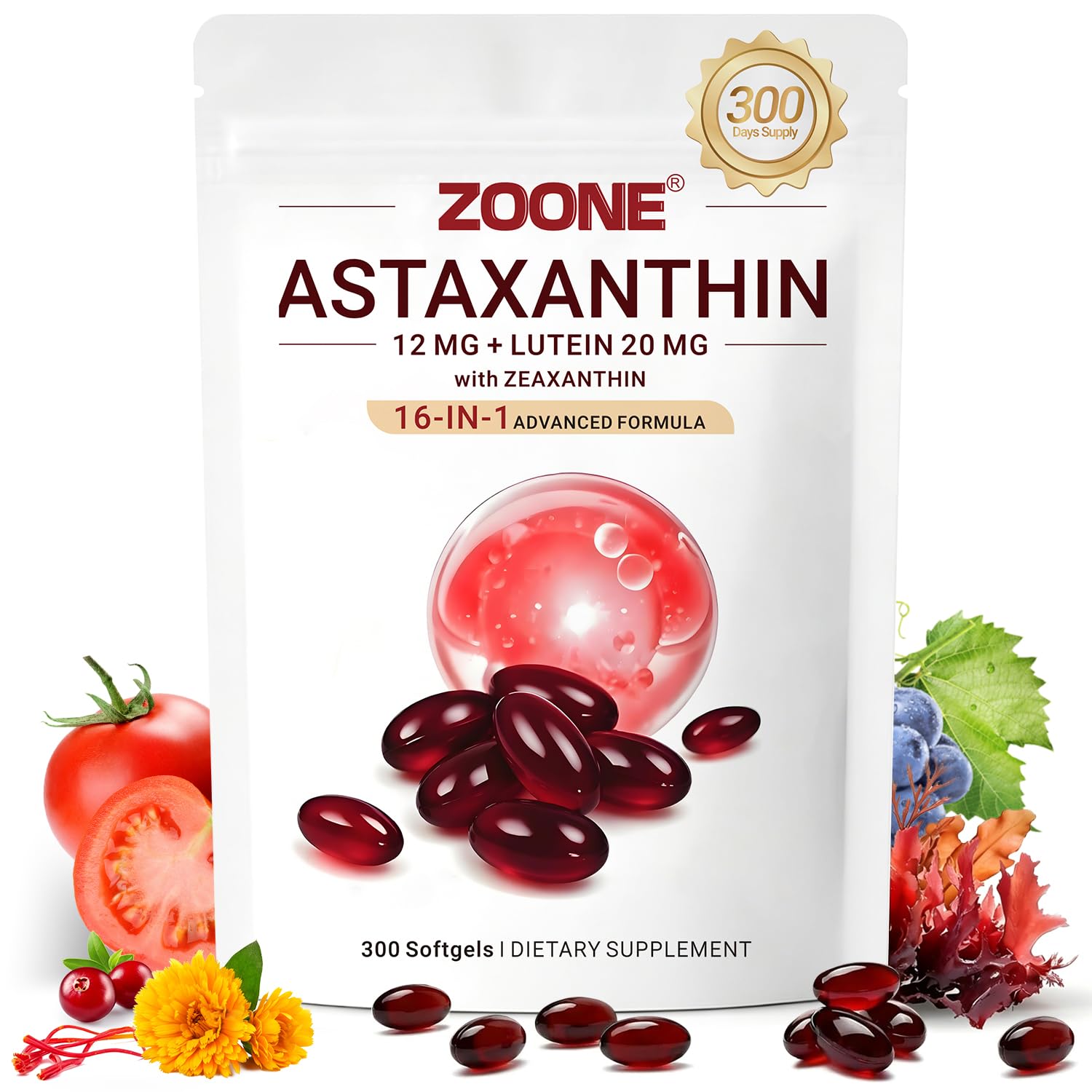 16-in-1 Astaxanthin 12mg & Lutein 20mg and Zeaxanthin Supplements