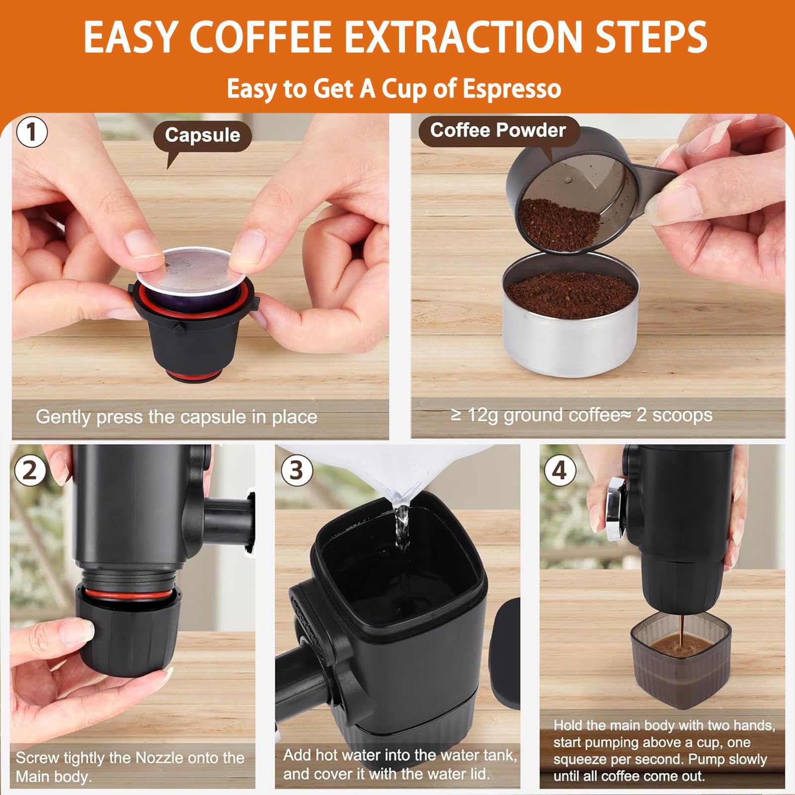Máquina de café espresso portátil, Cafetera Express 18 bares de accionamiento manual, compatible con cápsulas NS, Cafetera Espresso sobre la marcha, ultra-pequeño para viajes Camp