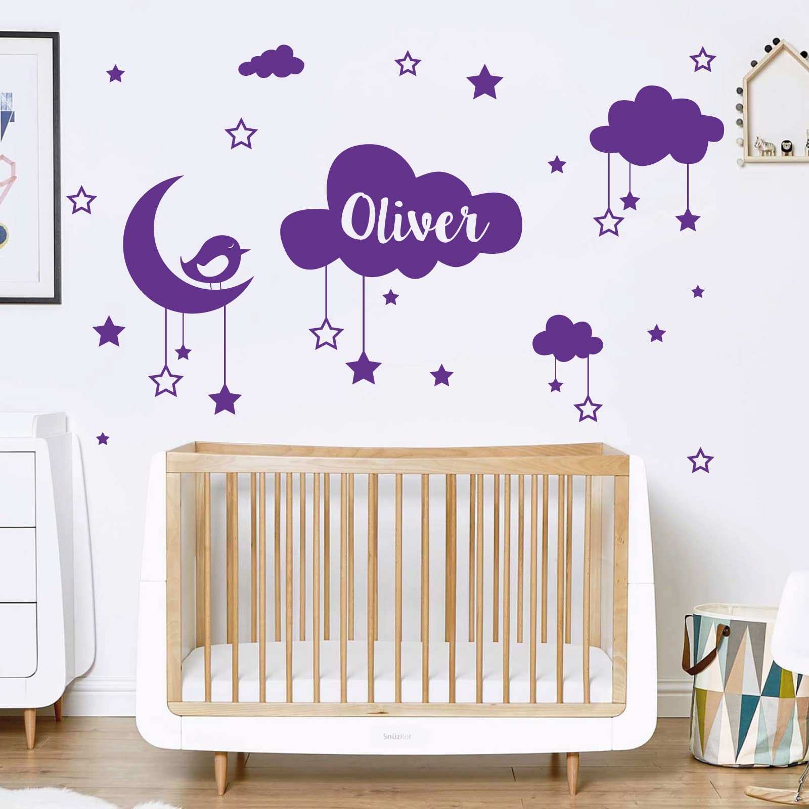 Personalised Name Baby Wall Sticker - Clouds, Stars, Moon & Bird [Large] [Purple]