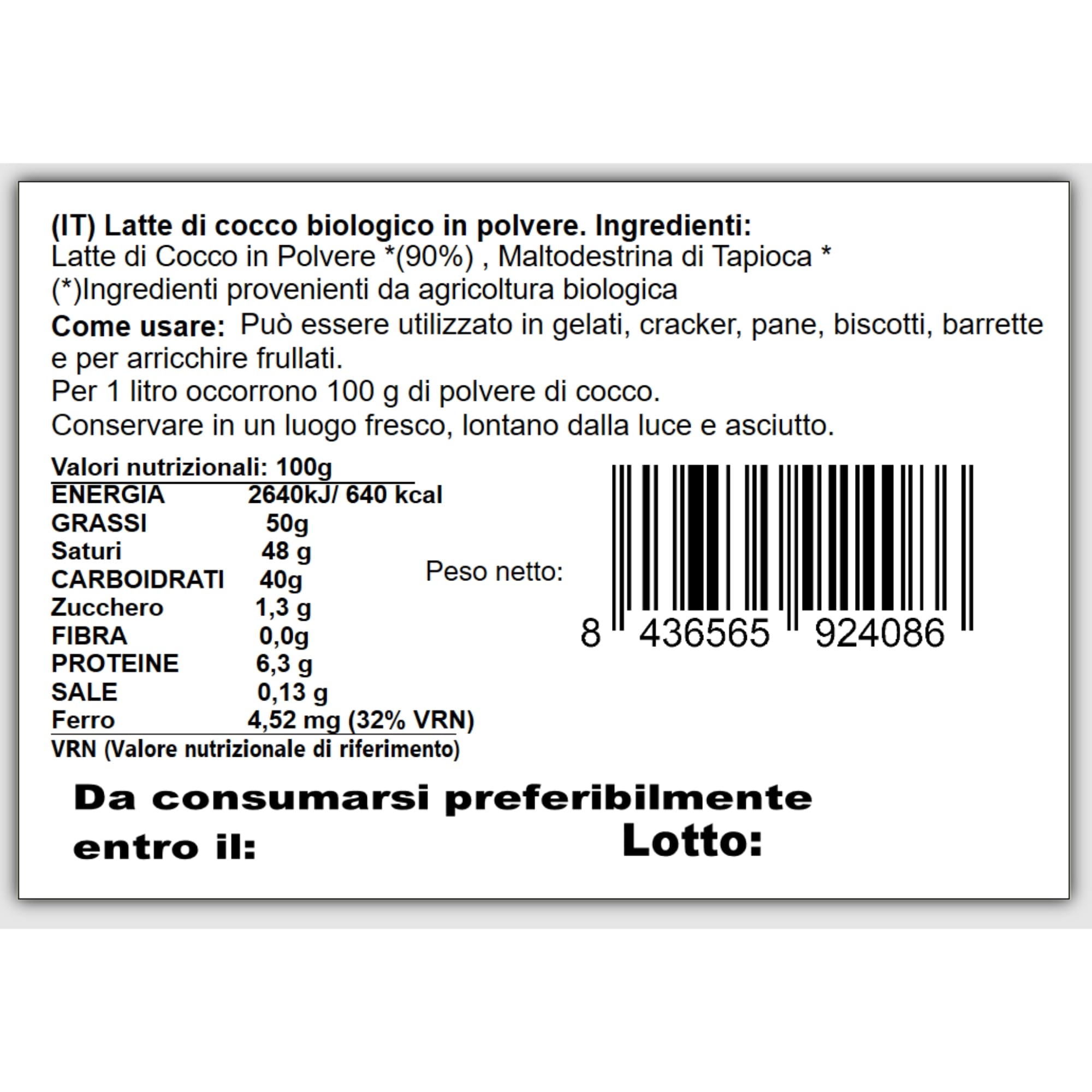 Energy Feelings Latte di Cocco in Polvere Bio 1kg, Senza Zucchero e Senza Lattosio, Latte di Cocco per Cucinare, Vegan Coconut Milk, Contiene Maltodestrine