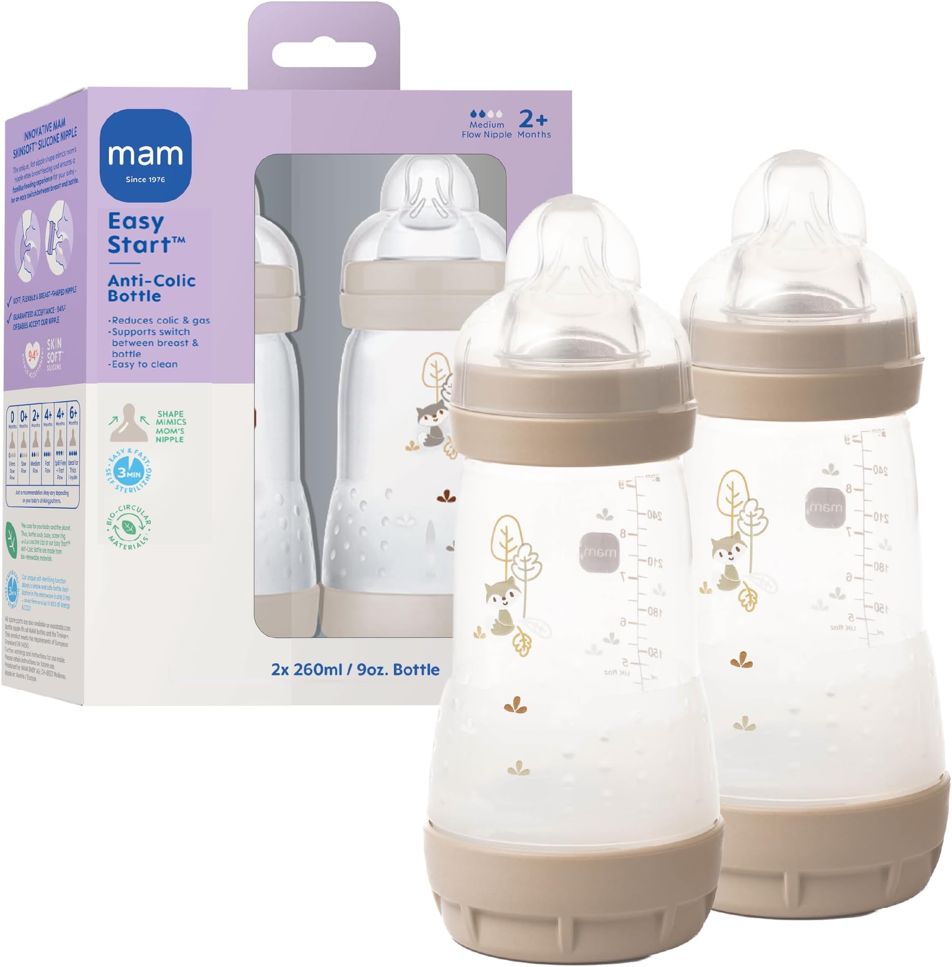 9oz Easy Start Anti-Colic Wide Neck Vented Baby Bottle, Medium Flow Breastfeeding-Like Nipple, Reduces Colic Gas & Reflux, Easy to Clean, BPA Free, 2+ Months, Made in Europe, 2 Pack, Unisex