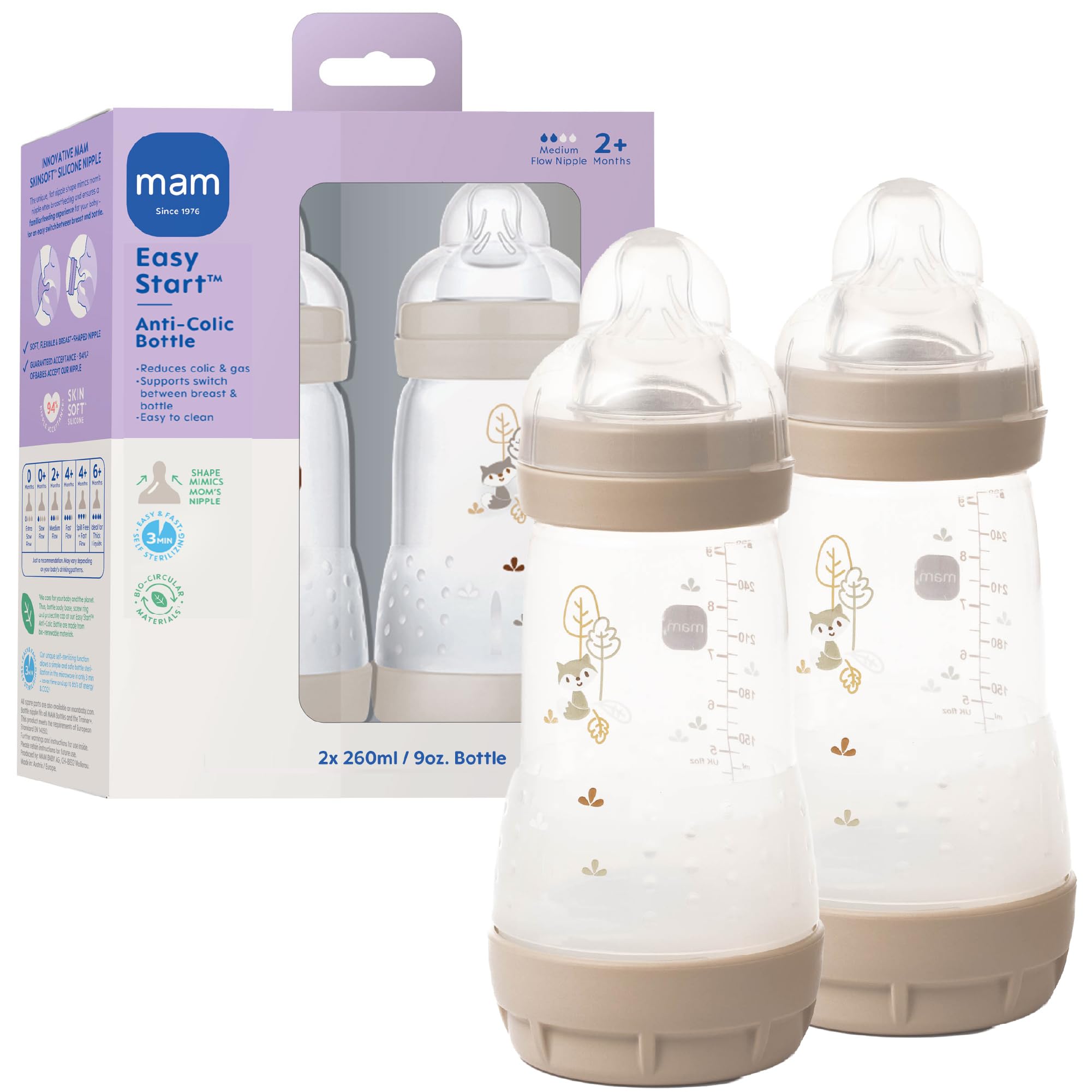 Easy Start Anti-Colic Baby Bottle 9 oz, Medium Flow, Breastfeeding-Like Silicone Nipple Bottle, Reduces Colic, Gas, & Reflux, Easy-to-Clean, BPA-Free, Vented Baby Bottles for Newborns, 2+ Months