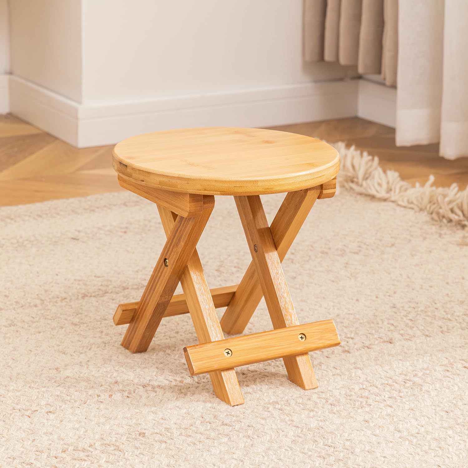 HOKIPO Foldable Bamboo Stool – Compact Round Wooden Stool for Sitting, Footrest, Meditation, Kids, Dry Bathroom Use – Foldable & Portable (AR-5782)-image-15