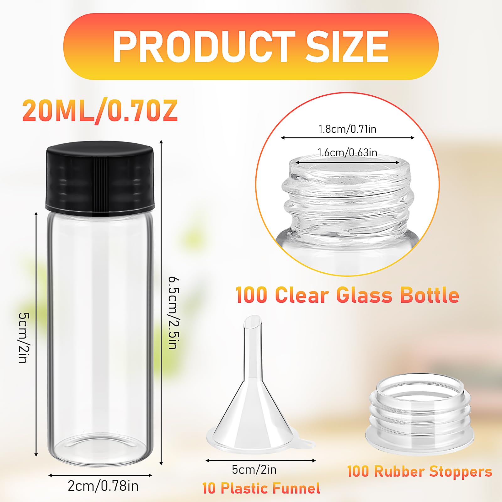 Confezione da 100 flaconcini in vetro trasparente da 20 ml, piccoli flaconi vuoti per campioni con tappo a vite e tappi, mini contenitori per reagenti a prova di perdite, con 10 imbuti per oli