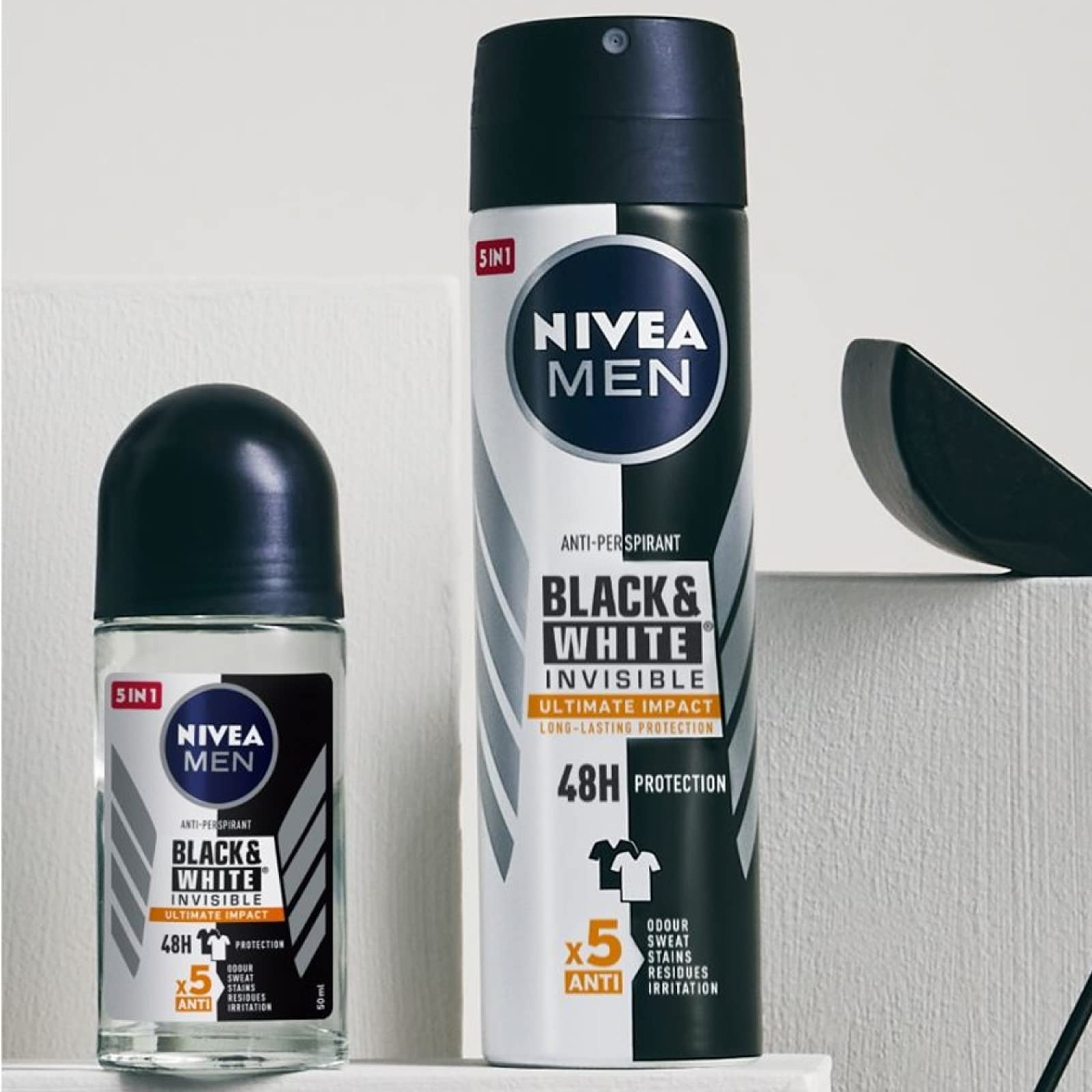 Nivea Men Black & White Invisible Ultimate Impact - Desodorante para hombre en spray antitranspirante 48h SkinActive Protection contra los malos olores, manchas de sudor, residuos, irritaciones – 8