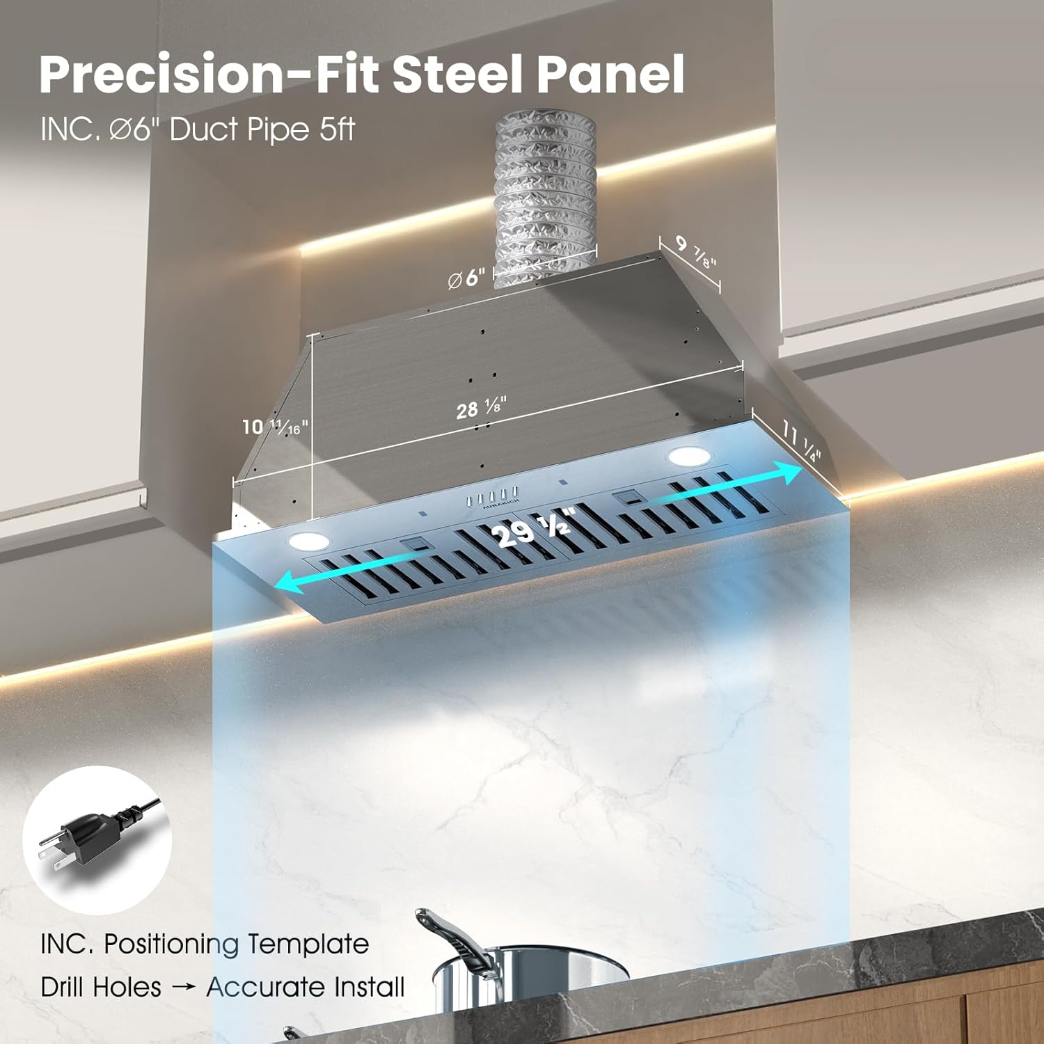 Range Hood 30 Inch Insert - 620CFM Built-in Kitchen Hood with TRUE-COLOR 5500K LED, Complete Exhaust Kit (Charcoal Filters + Duct Pipe), Ducted/Ductless Convertible