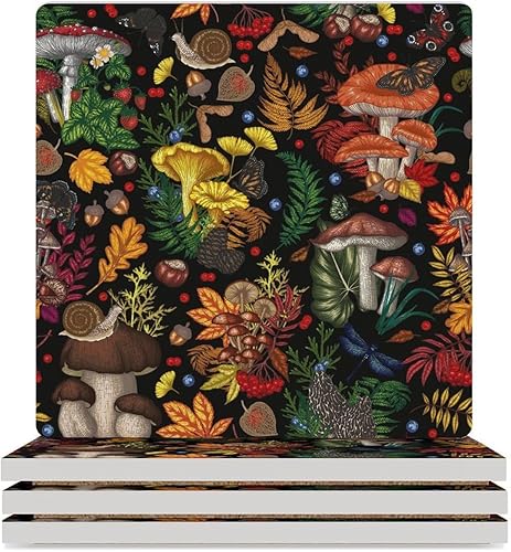 Miniatura 38 de Posavasos botánicos, posavasos redondos de cerámica redondos, 4 unidades, diseño de plantas vintage, diseño botánico de dibujos animados, hongos