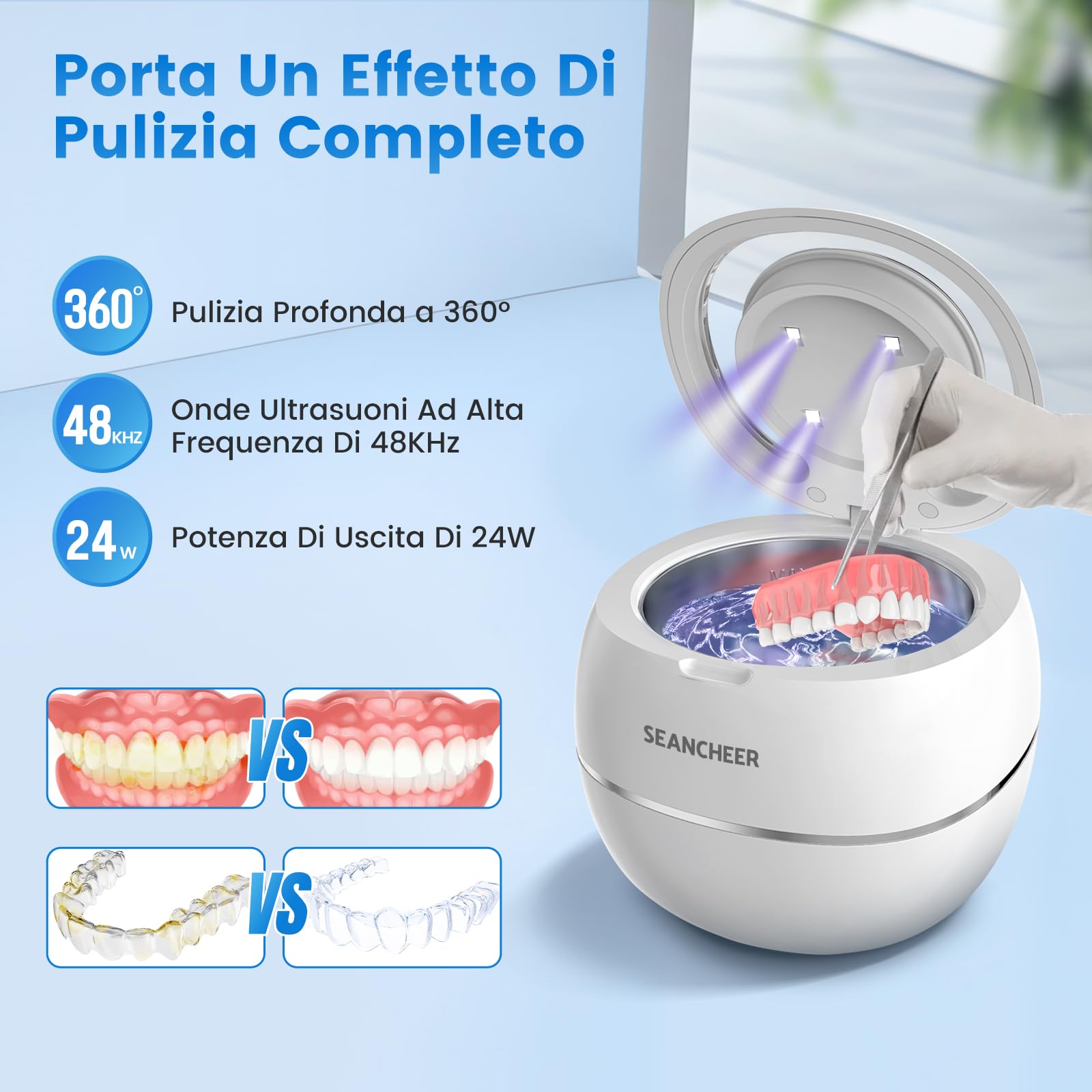 SEANCHEER Pulitore Ultrasuoni 48000Hz Ultrasonic Cleaner | 180ML | Lampada UV Dental Pod per | Bite Bruxismo Notturno | Protesi Dentali | Apparecchio Denti | Retainer | Allineatori | (Bianco)