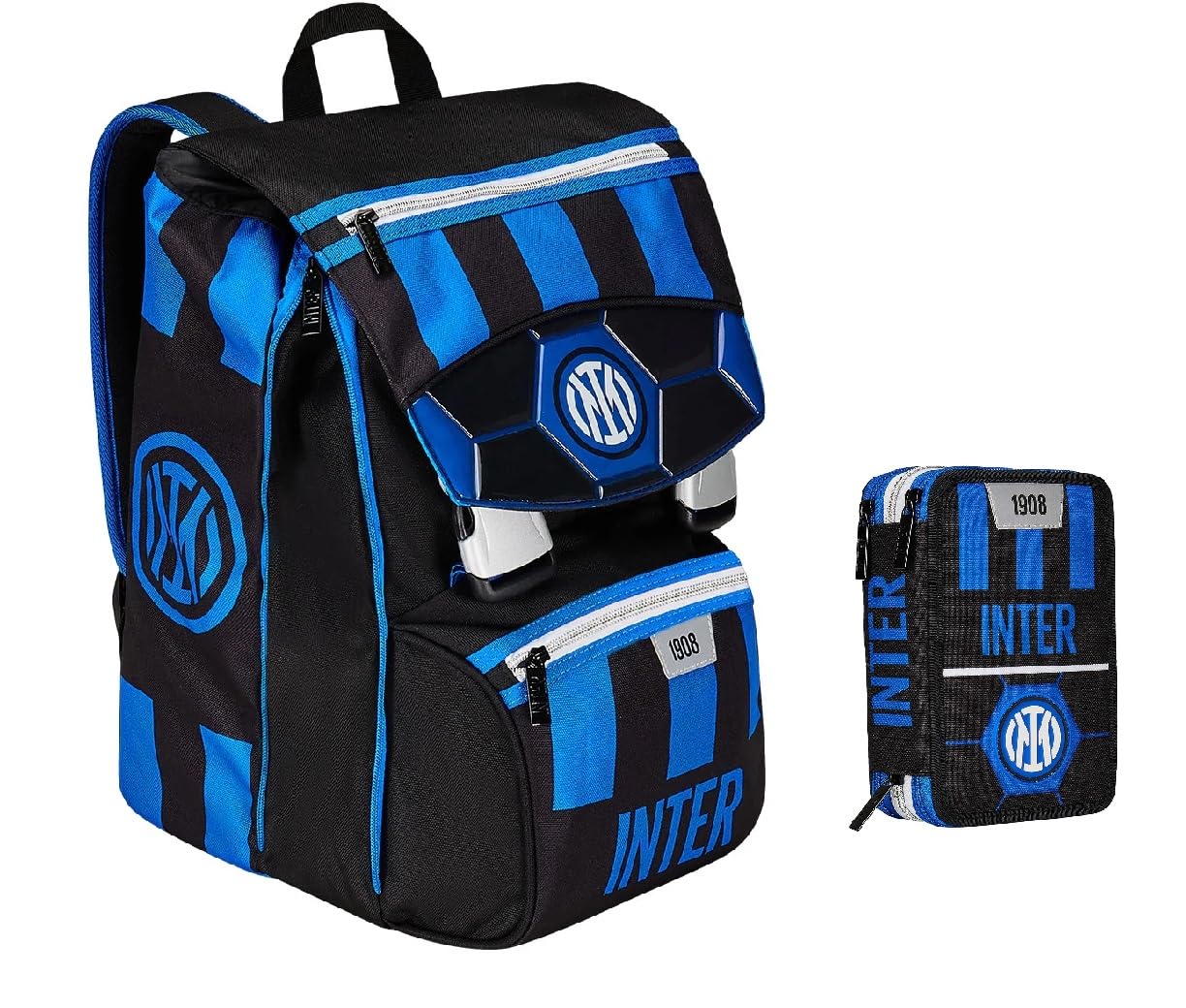 ZAINO SCUOLA FC Inter estensibile 2020 + ASTUCCIO 3 PIANI COMPLETO + omaggio penna glitterata e portachiave fischietto