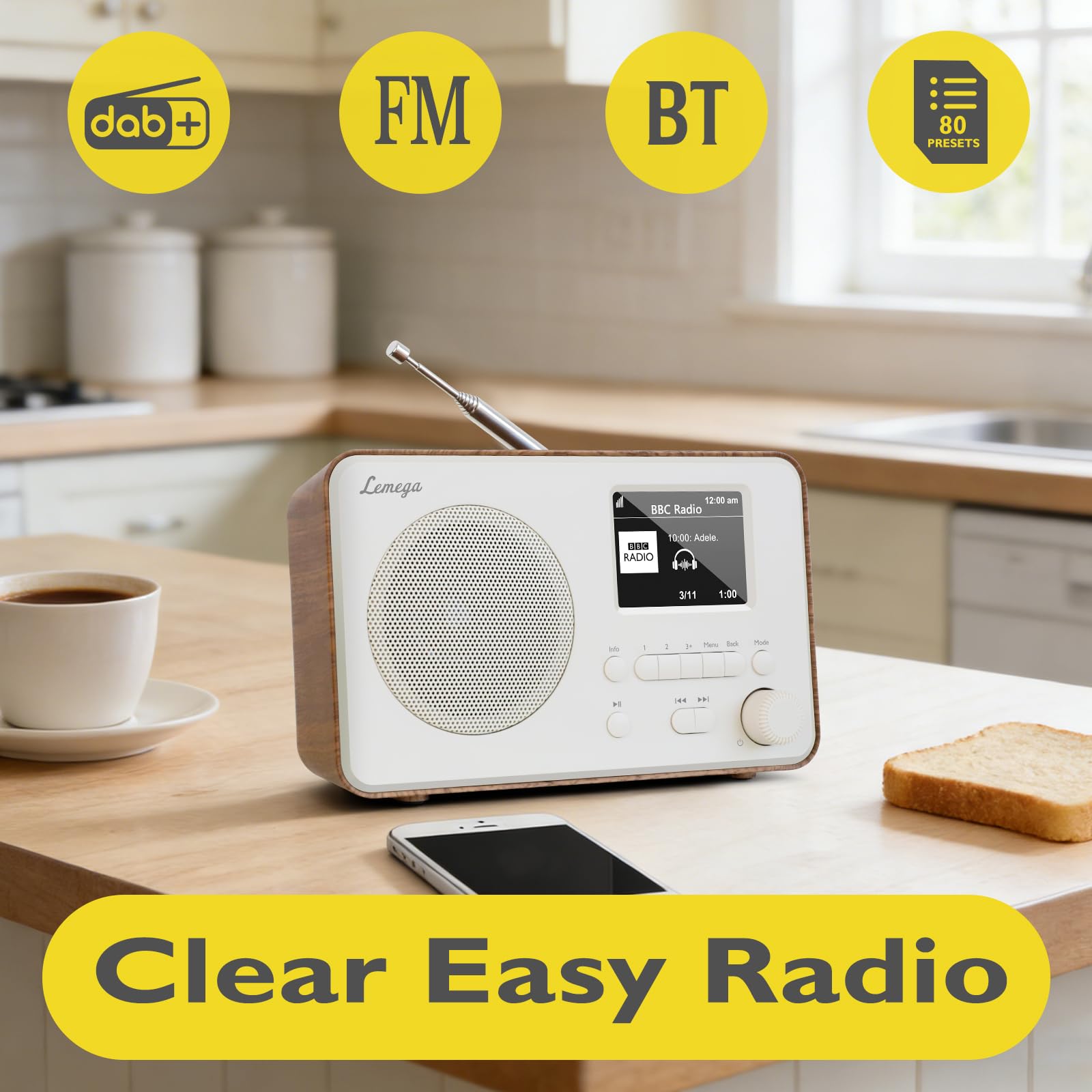 LEMEGA DR3-Max DAB+/DAB/FM Digitalradio – Mit Bluetooth, tragbares Radio mit 2,4 Zoll Farbdisplay, 80 Speicherplätzen, Kopfhöreranschluss, Netz- oder Batteriebetrieb,Walnuss