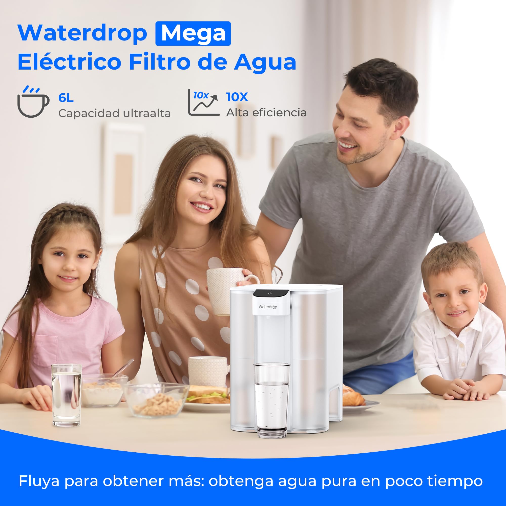 Waterdrop Jarra Eléctrica con Filtro de Agua Instantáneo con Filtro de 3 Meses, Sistema de Filtro de Agua para Encimera de 6L, Reduce Cloro, Plomo, Mercurio, Reduce PFAS, PFOA/PFOS, 757 Litros, Blanco