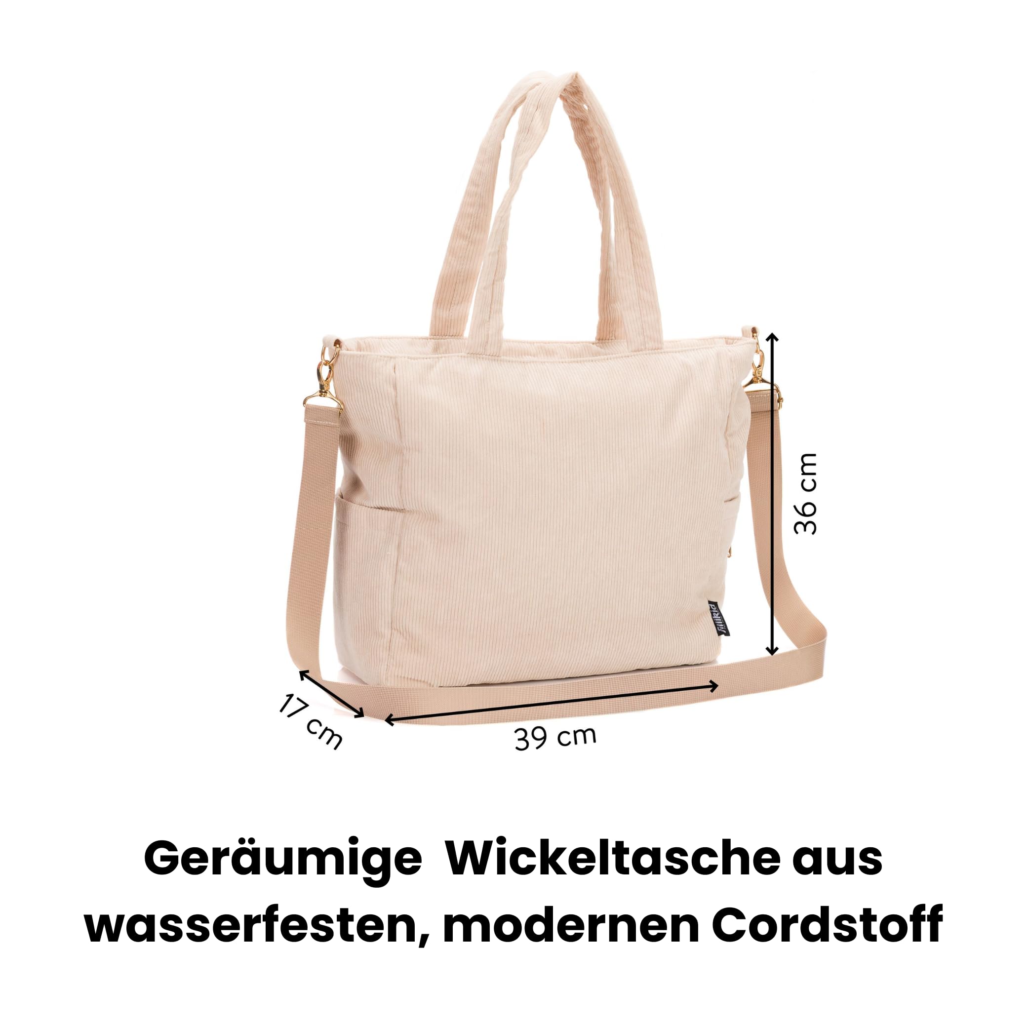 Fillikid Wickeltasche Cord Exclusiv| Baby Windeltasche Mom Bag | Inkl. Wickelauflage, Thermotasche, viele Fächer, Schultergurt & Haken für Kinderwagen | Wickel Organizer ab Geburt & Kliniktasche