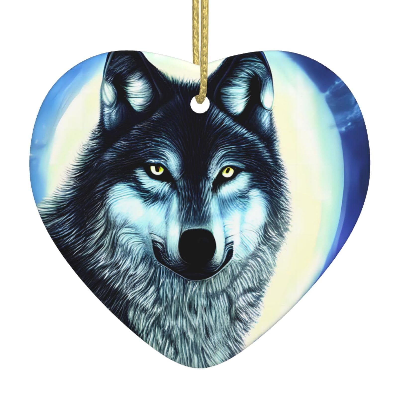 Wolf Under Moon Ceramic Christmas Heart Pendant with Silk Thread, Christmas Tree Home Decoration