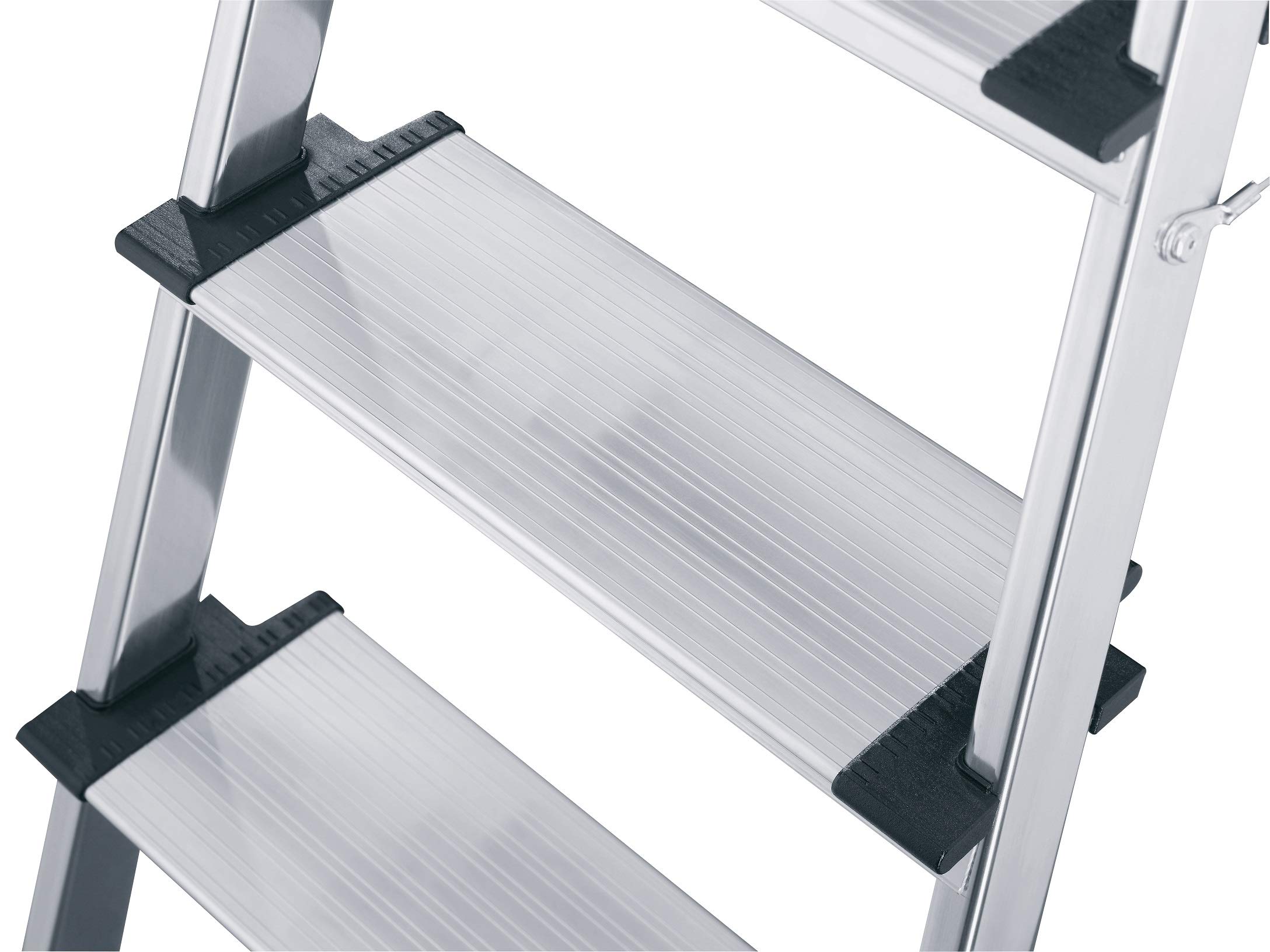Hailo XXL - Escalera doméstica de aluminio, peldaños extra anchos, bandeja multifuncional, gancho para cubo y pinza para cable (6 peldaños)