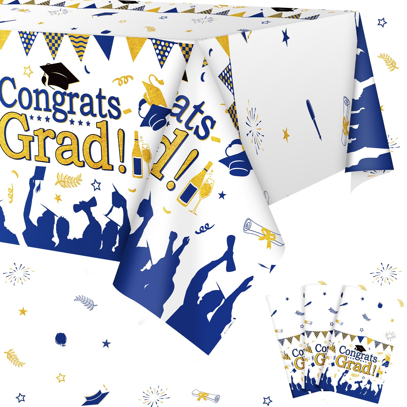 Photo 1 of 3 Pcs Graduation Tablecloth Congrats Grad Table Cloth 54 x 108 Inch Plastic Tablecloth Grad Table Cover Graduation Party Decorations Class of 2024 for Graduation Party Decorations (Blue)