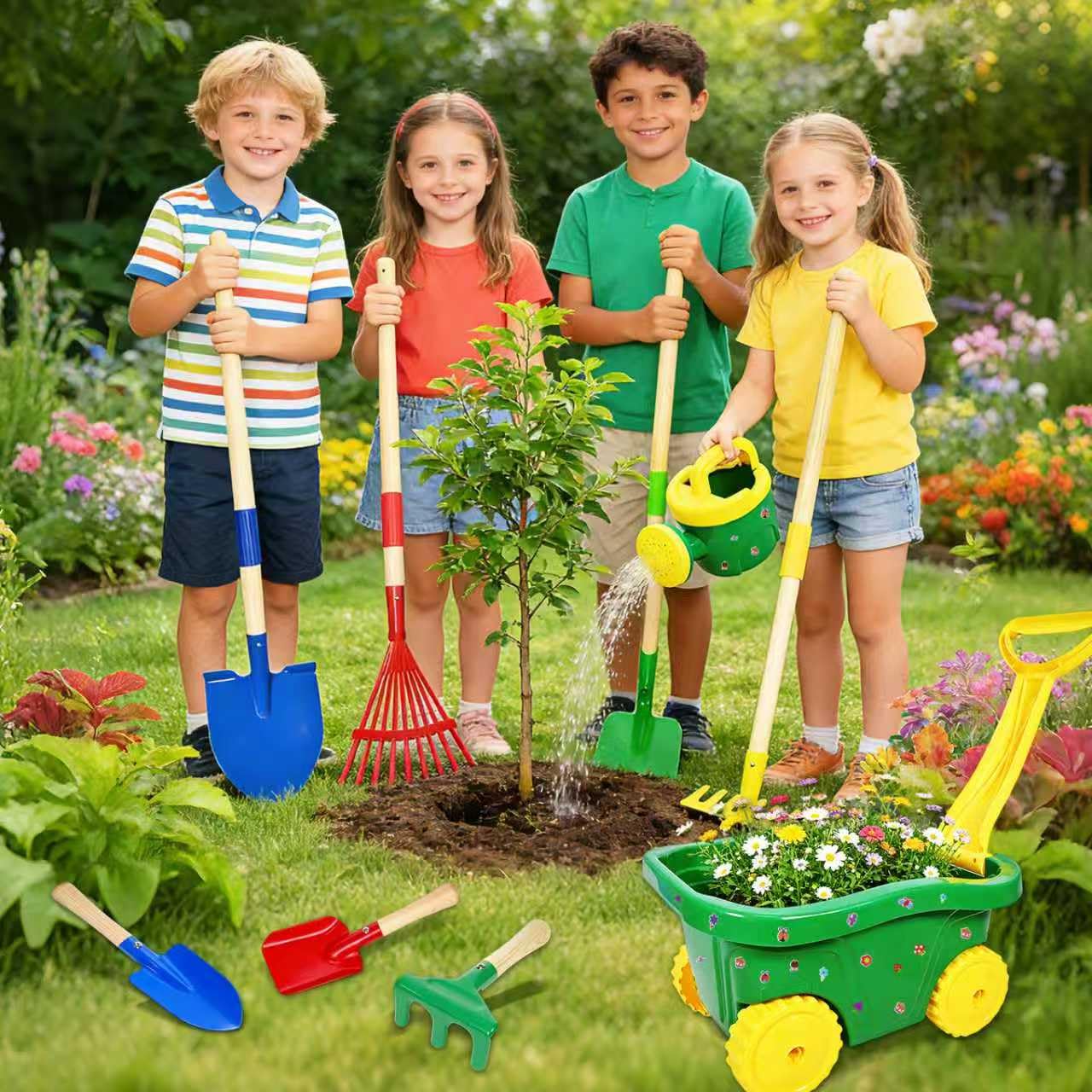 Carretilla para Niños, 13pcs Carretilla Niño Set Jardinería, Juego Herramientas de Jardín para Infantil con Pala, Escoba, Rastrillo y Rastrillo de Hojas, Pulverizador Juguetes de Arena Exterior (B)