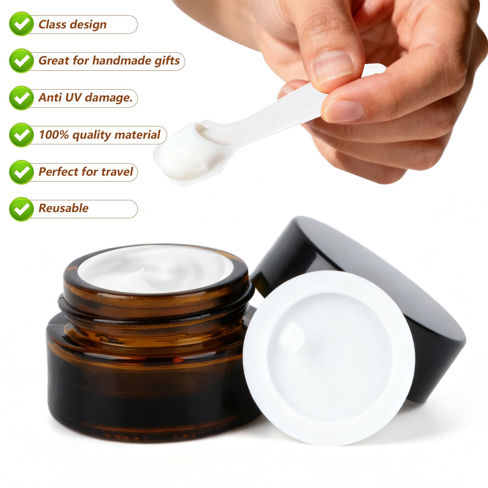 17 Pcs Frascos de Vidrio con Tapa Pequeños, ámbar Tarros de Cristal 5ml, Tarros Vacios para Crema, frascos para cosmeticos lociones de viaje, envases de muestra + 5 cucharas, 25 pegatinas — view 4