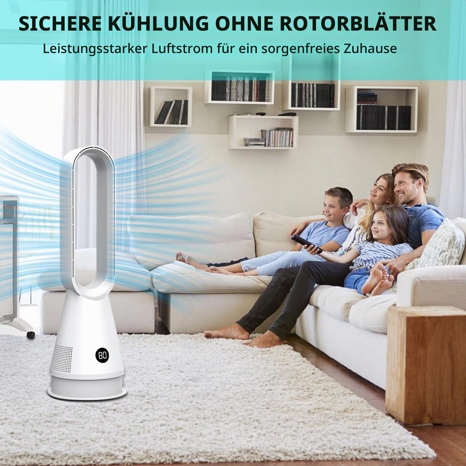 Rotorloser Ventilator,Turmventilator sehr leise & Luftreiniger,mit Fernbedienung, 8 Geschwindigkeiten,90° Oszillation, 9h Timer,oszillierender Raumkühler für Schlafzimmer, Büro (Weiß-Blau)